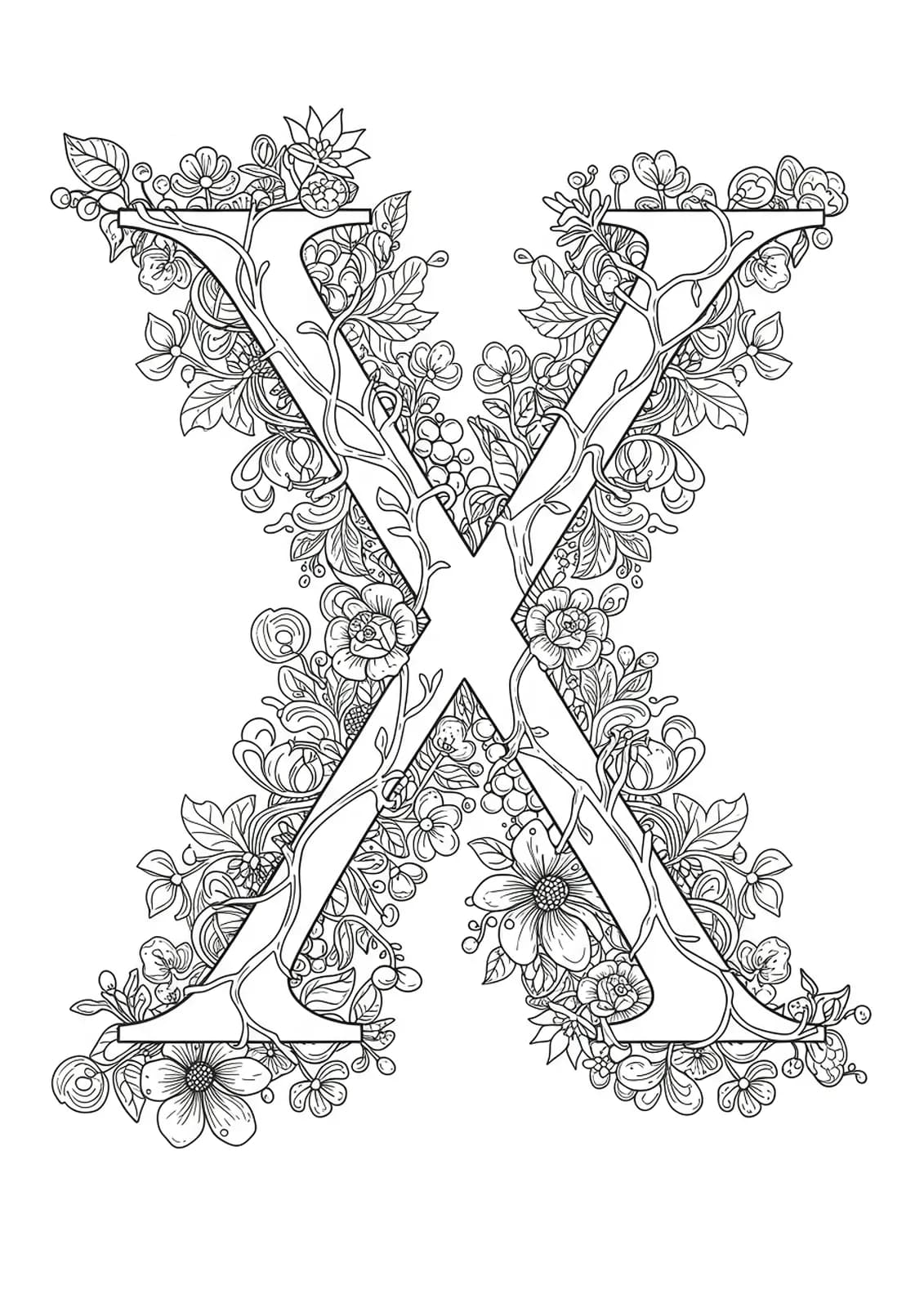 Letter X surrounded by detailed botanical garden elements, including vines and exotic flowers, medium complexity.