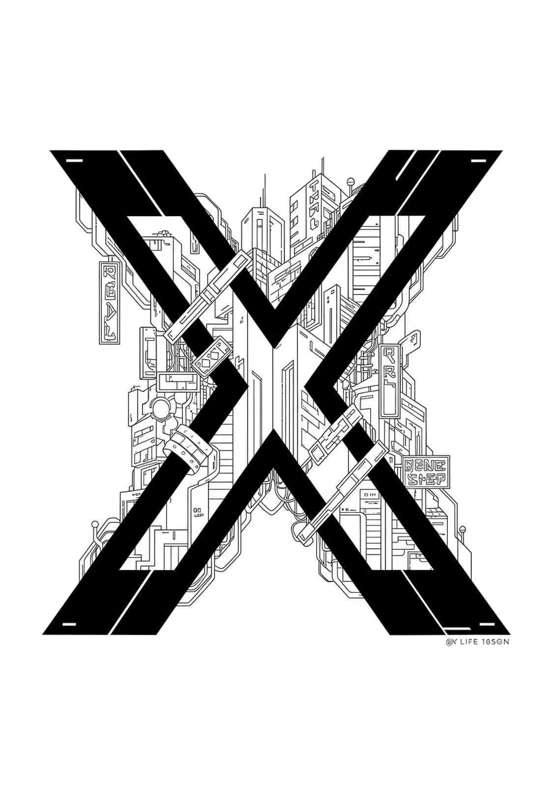 Medium difficulty coloring page of the letter X in a cyberpunk city setting with neon signs and futuristic buildings.