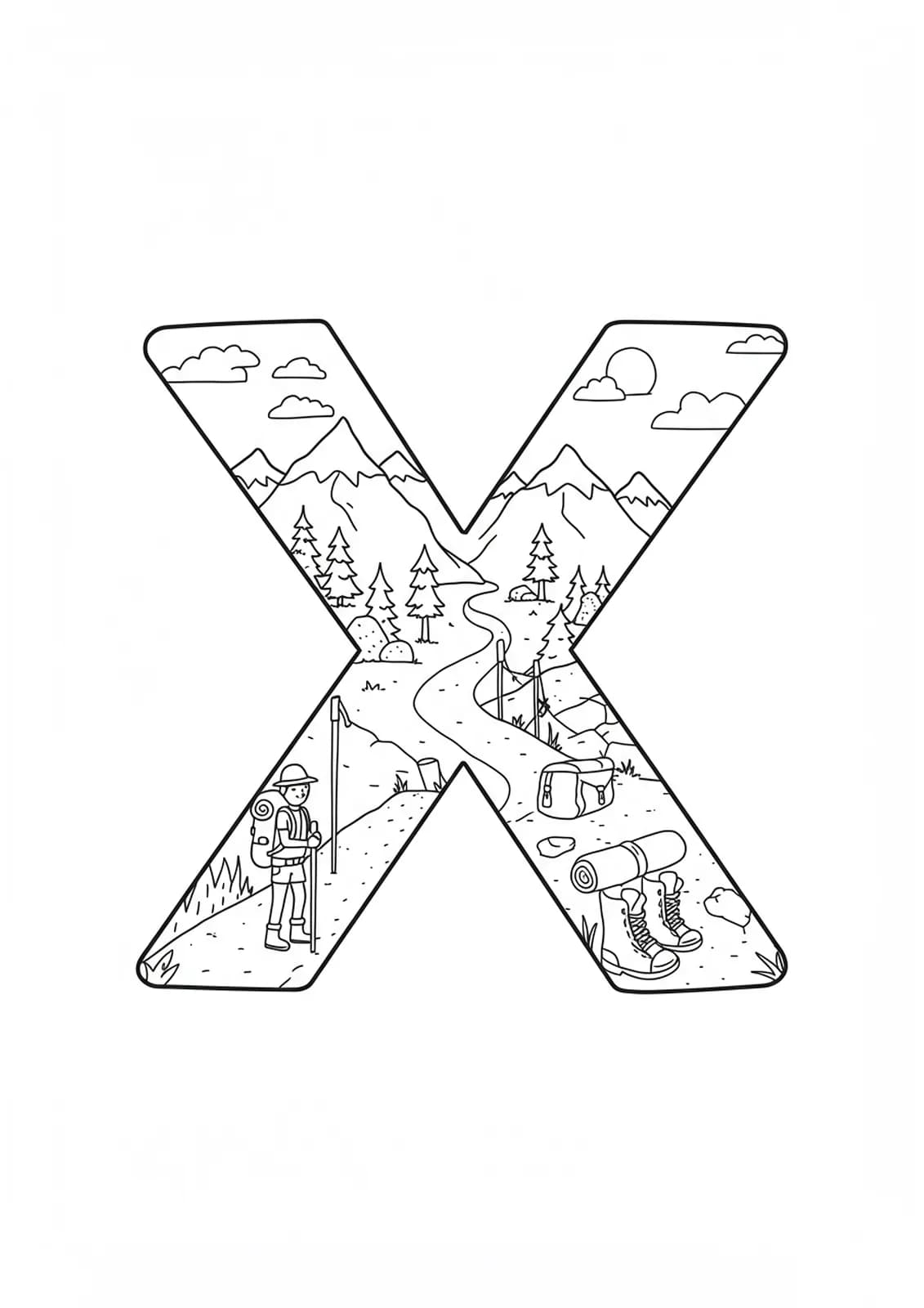 Medium difficulty coloring page with the letter X among mountains, backpacks, and hiking elements.
