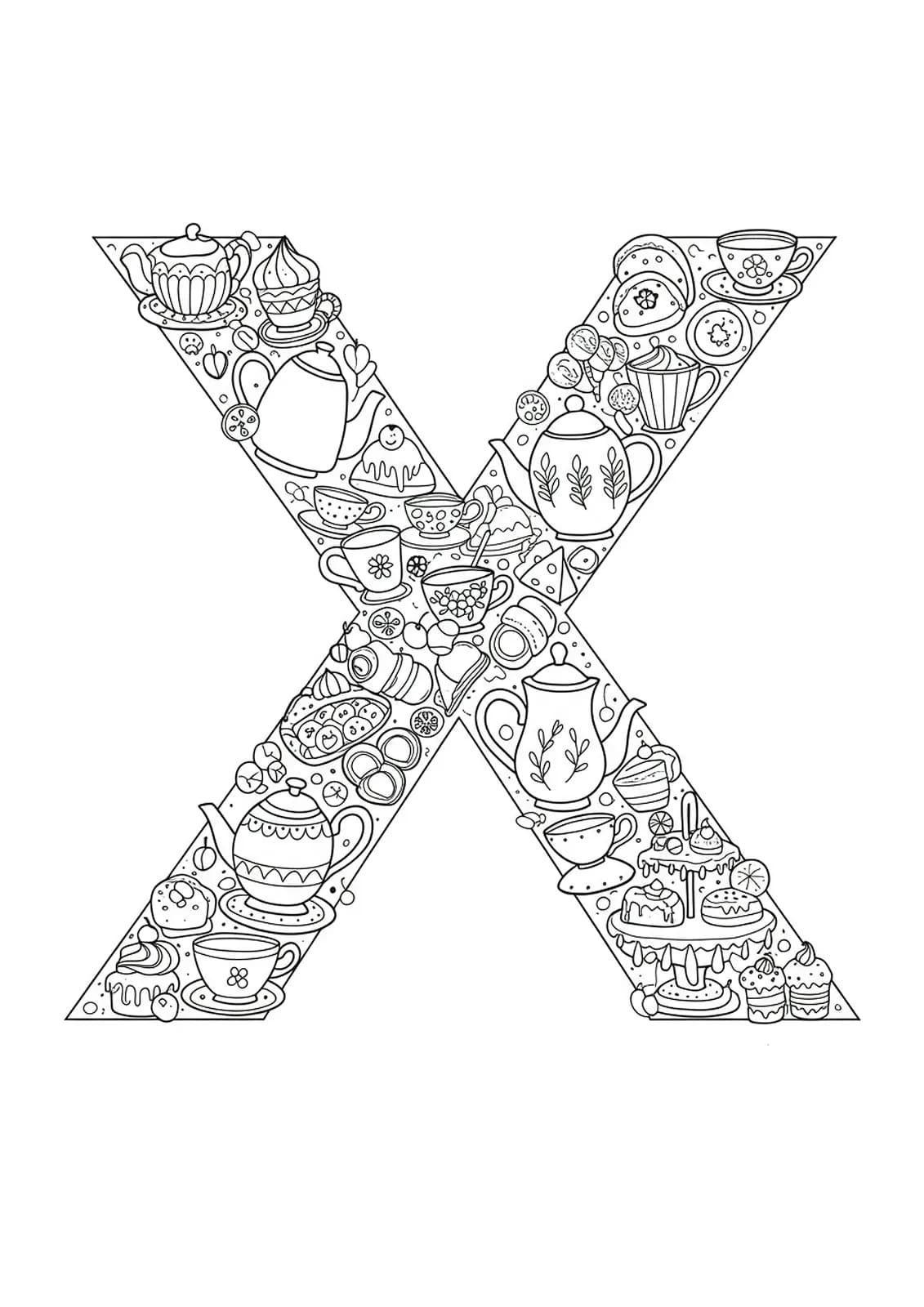 Coloring page with the letter X and easy outlines of teacups, teapots, and pastries, designed for adults.