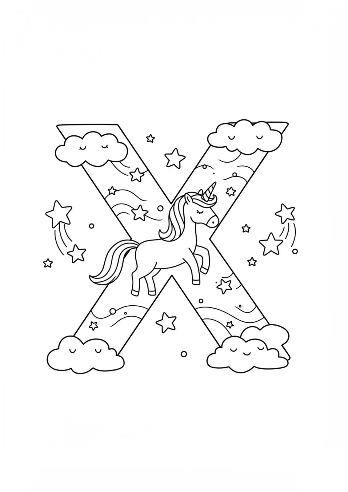 Letter X with a unicorn, stars, and clouds, designed for elementary kids to color.