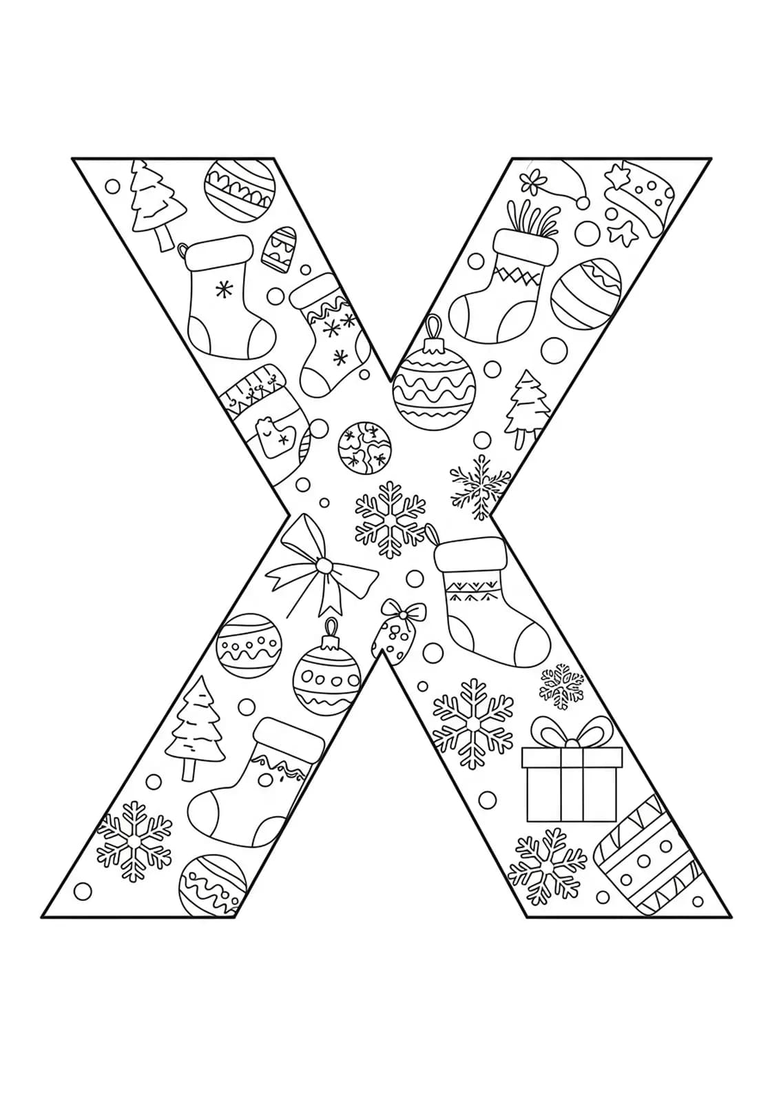 Letter X surrounded by detailed Christmas ornaments and decorations for coloring