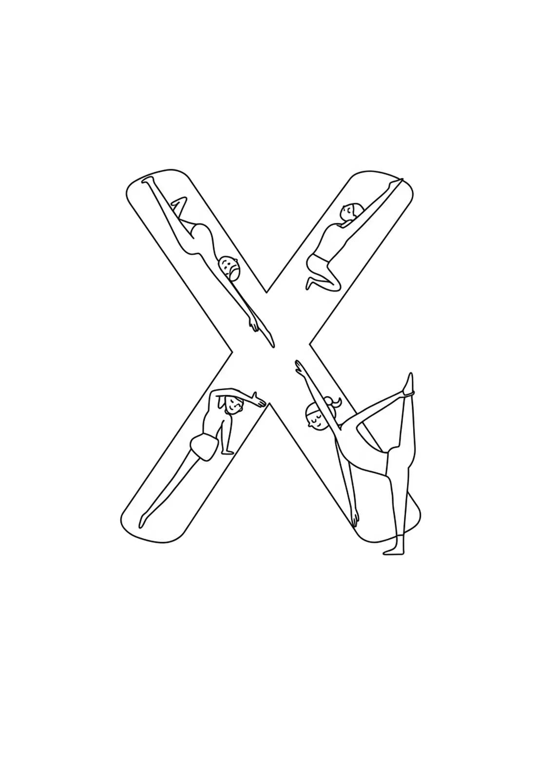 Coloring page showing the letter X with simple yoga pose illustrations, easy outlines for adults.