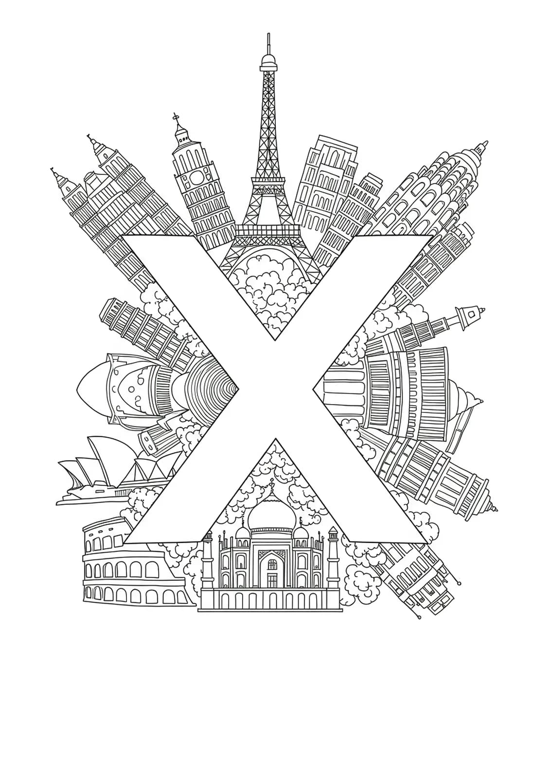 Letter X with detailed outlines of global architectural landmarks, medium complexity, for adult coloring.