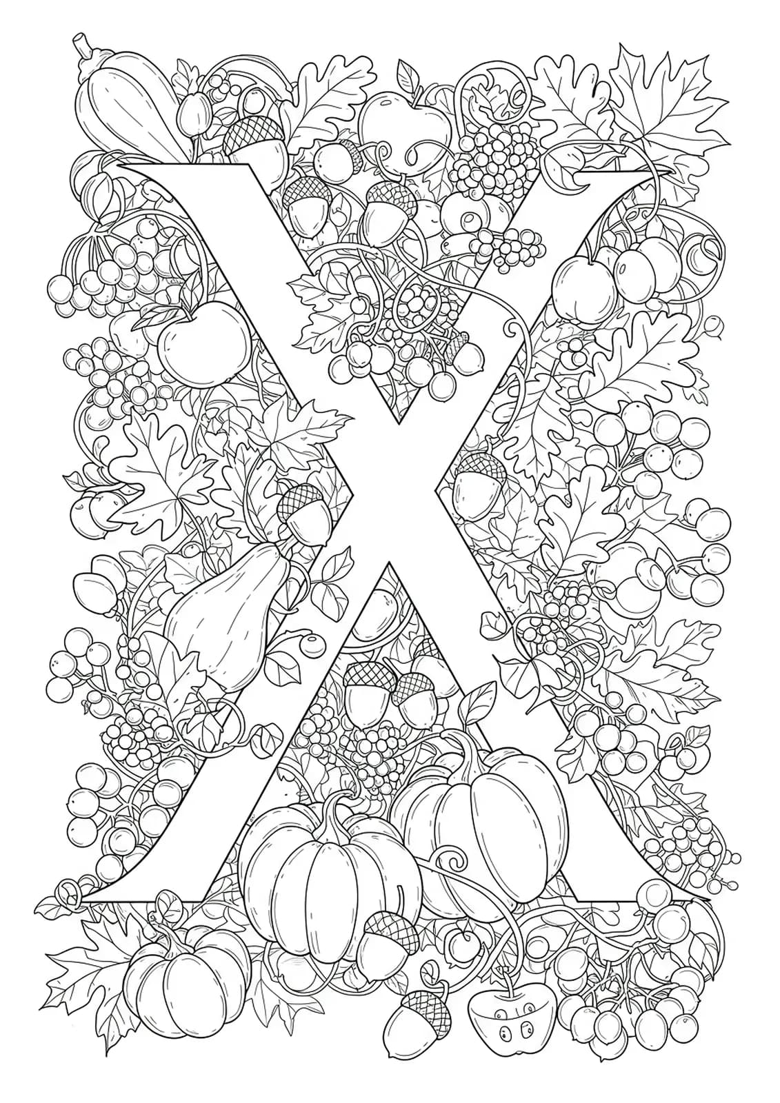 Letter X surrounded by autumn leaves, acorns, apples, pumpkins, and vines