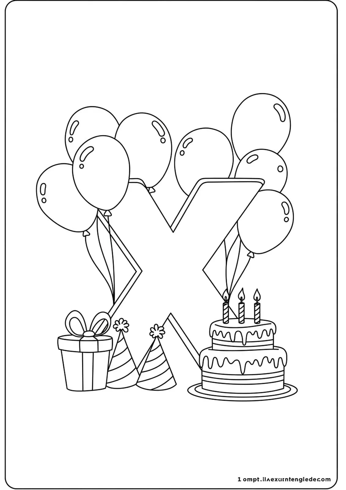 Coloring page of letter X with balloons, cake, and party hat, easy outlines