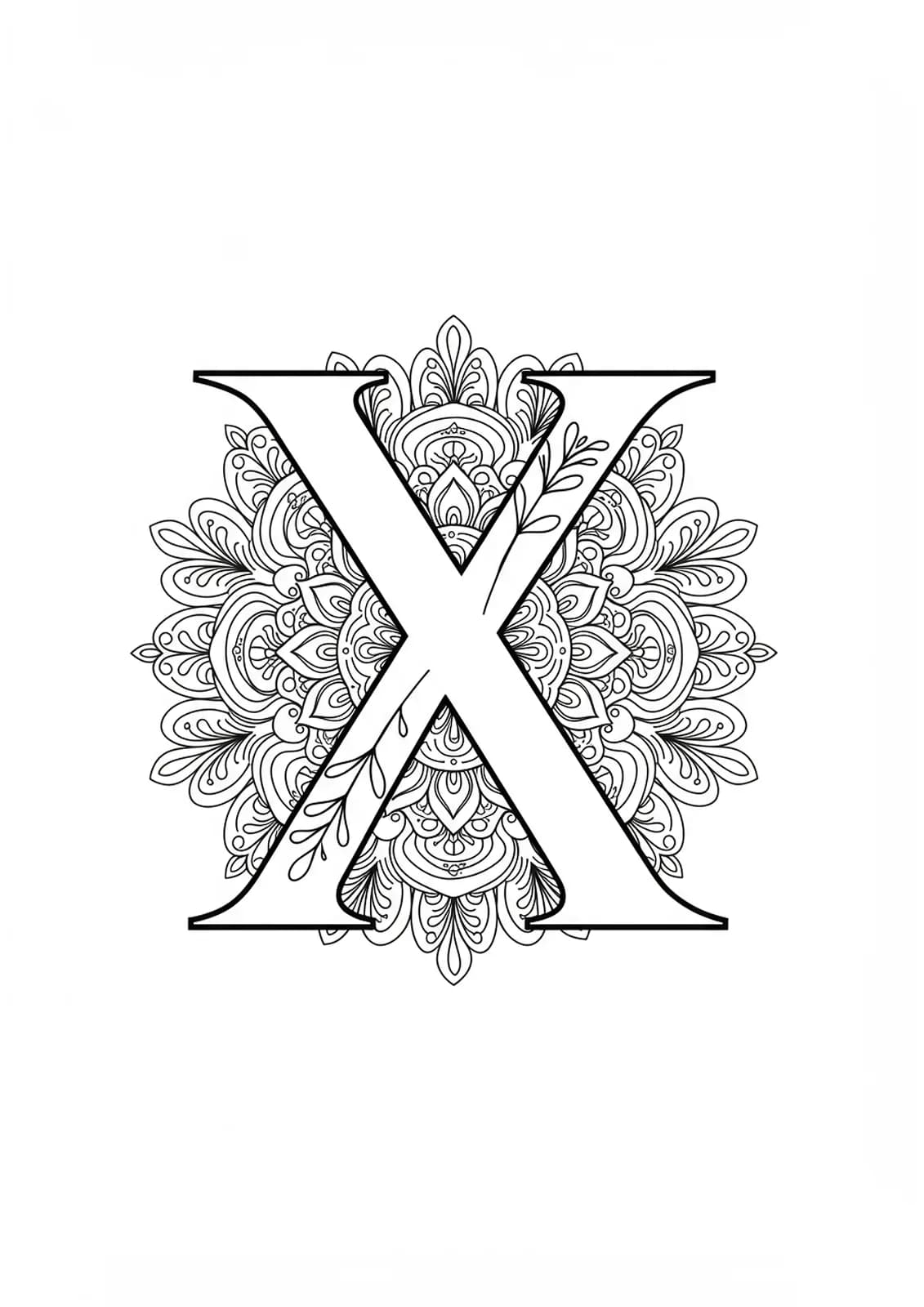 Letter X at the center of a highly detailed botanical mandala with intricate floral patterns, hard coloring page for teens.