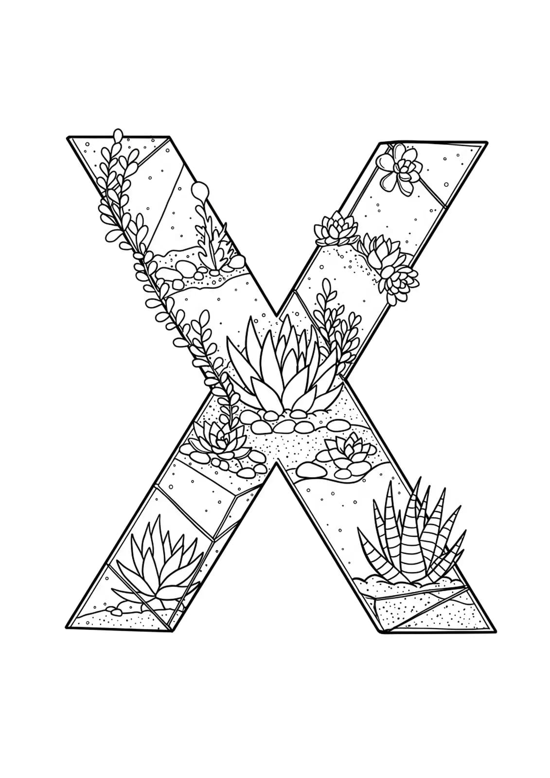 Letter X surrounded by terrarium glass shapes and botanical plants, medium detail, for adult coloring.