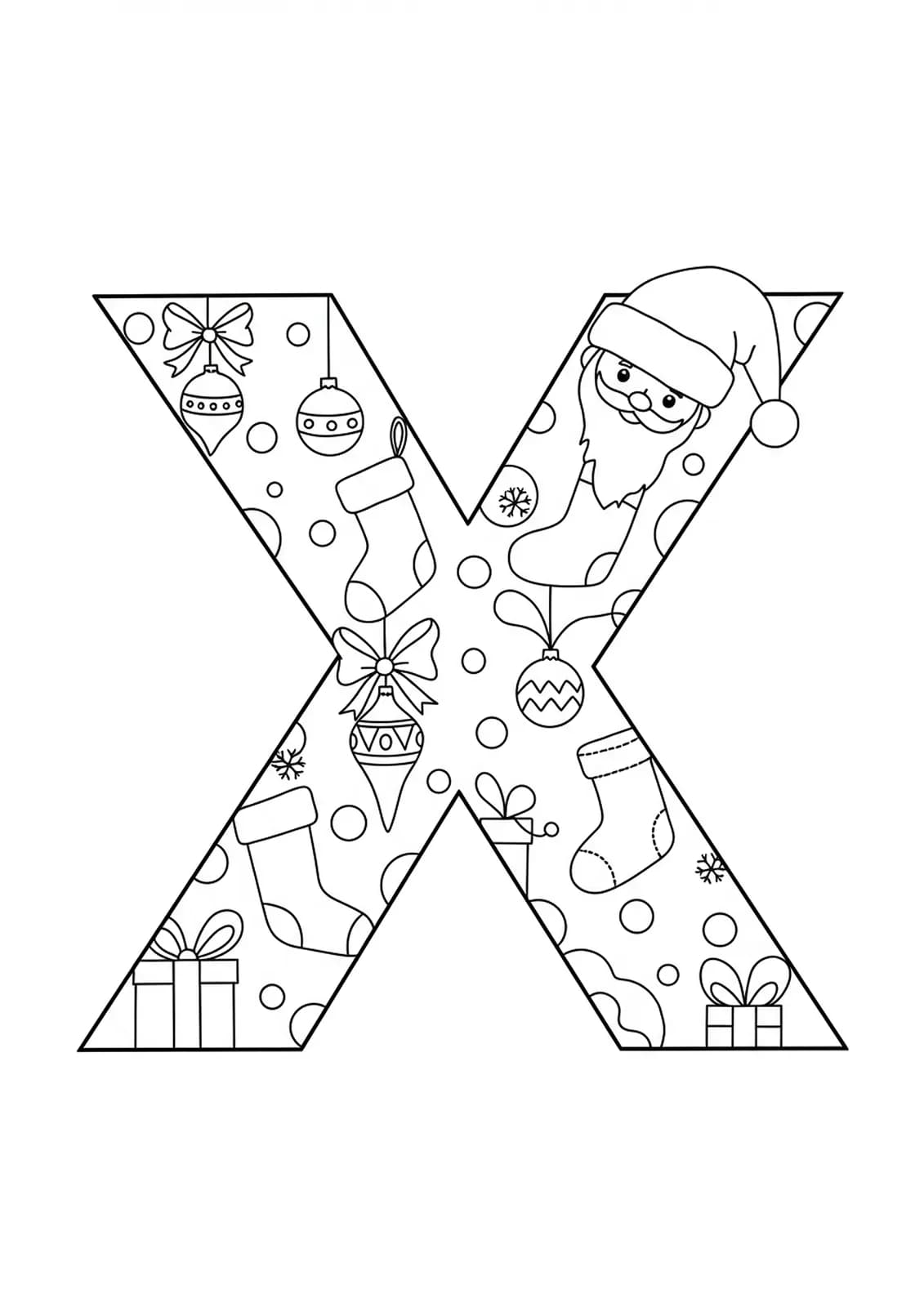 Easy coloring page of letter X with Christmas ornaments and Santa hat for kids