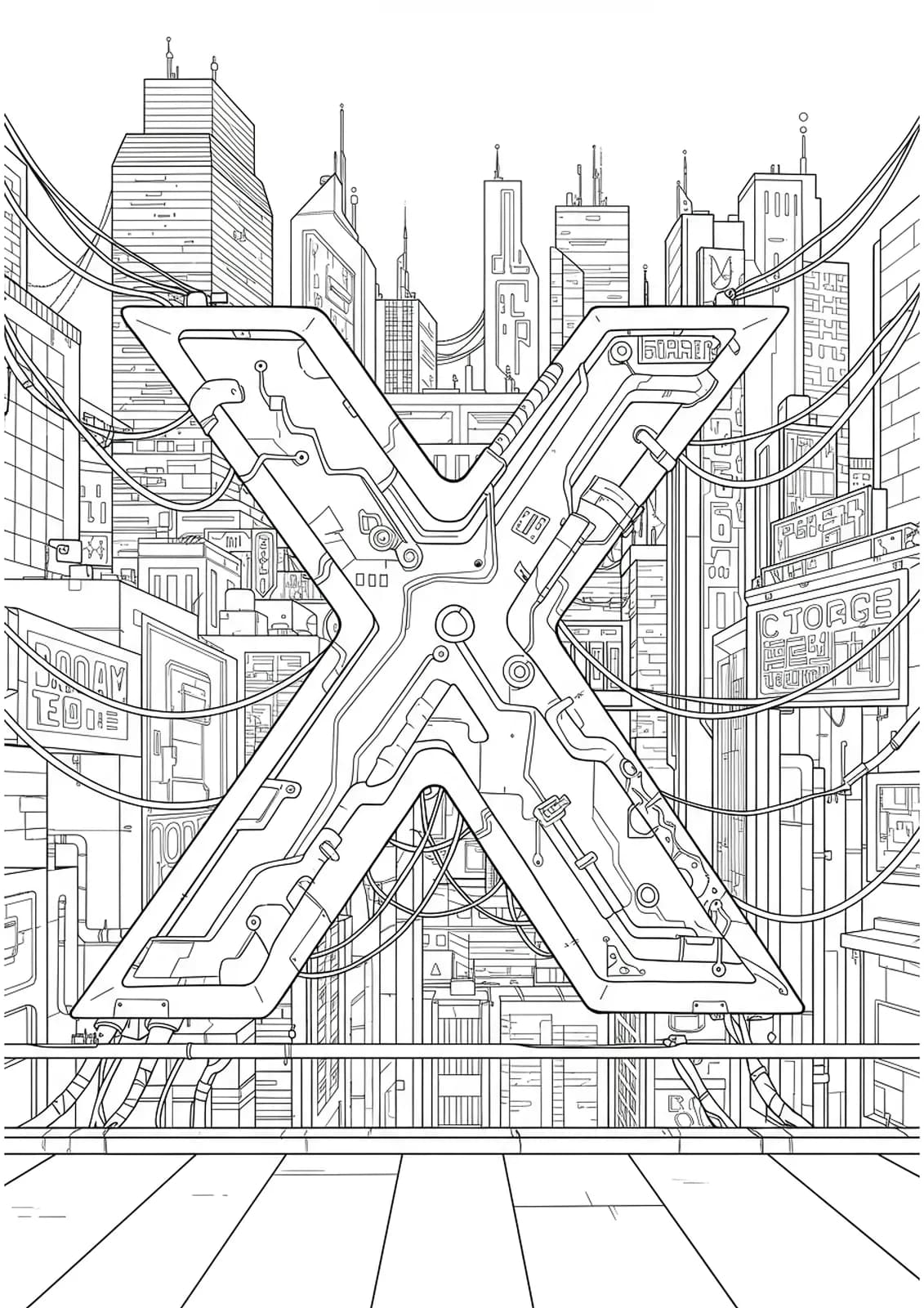 Highly detailed cyberpunk cityscape forming the letter X, with skyscrapers, neon lights, and tech elements, hard coloring page for teens.