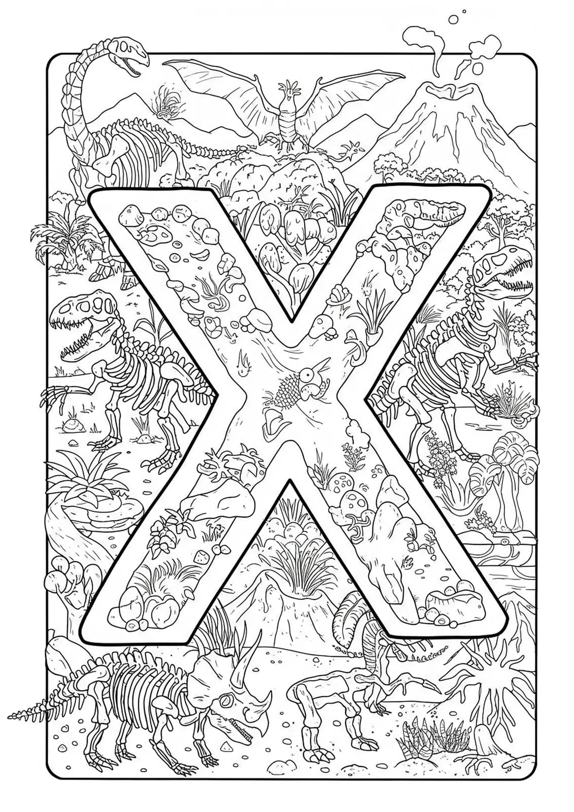 Letter X with dinosaurs, fossils, skeletons, and volcanoes
