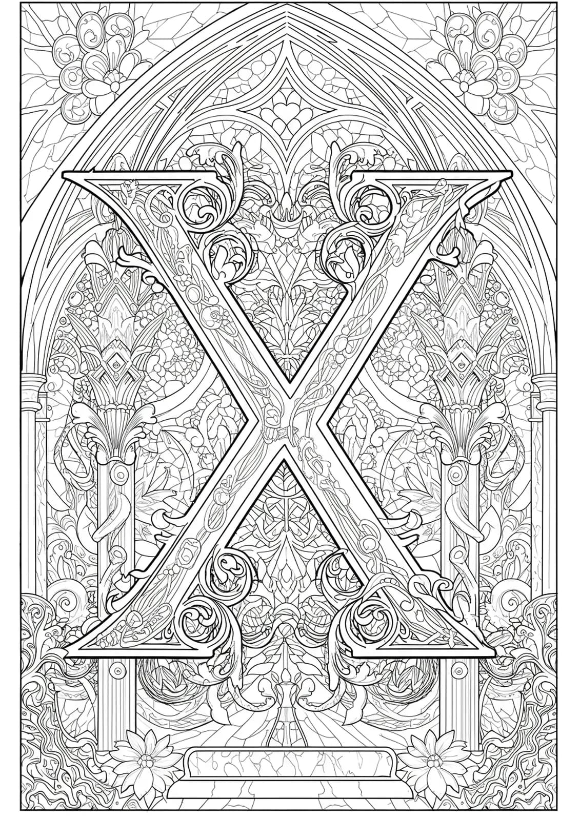 The letter X set within gothic arches, stained glass designs, and complex architectural carvings, highly detailed for adults.