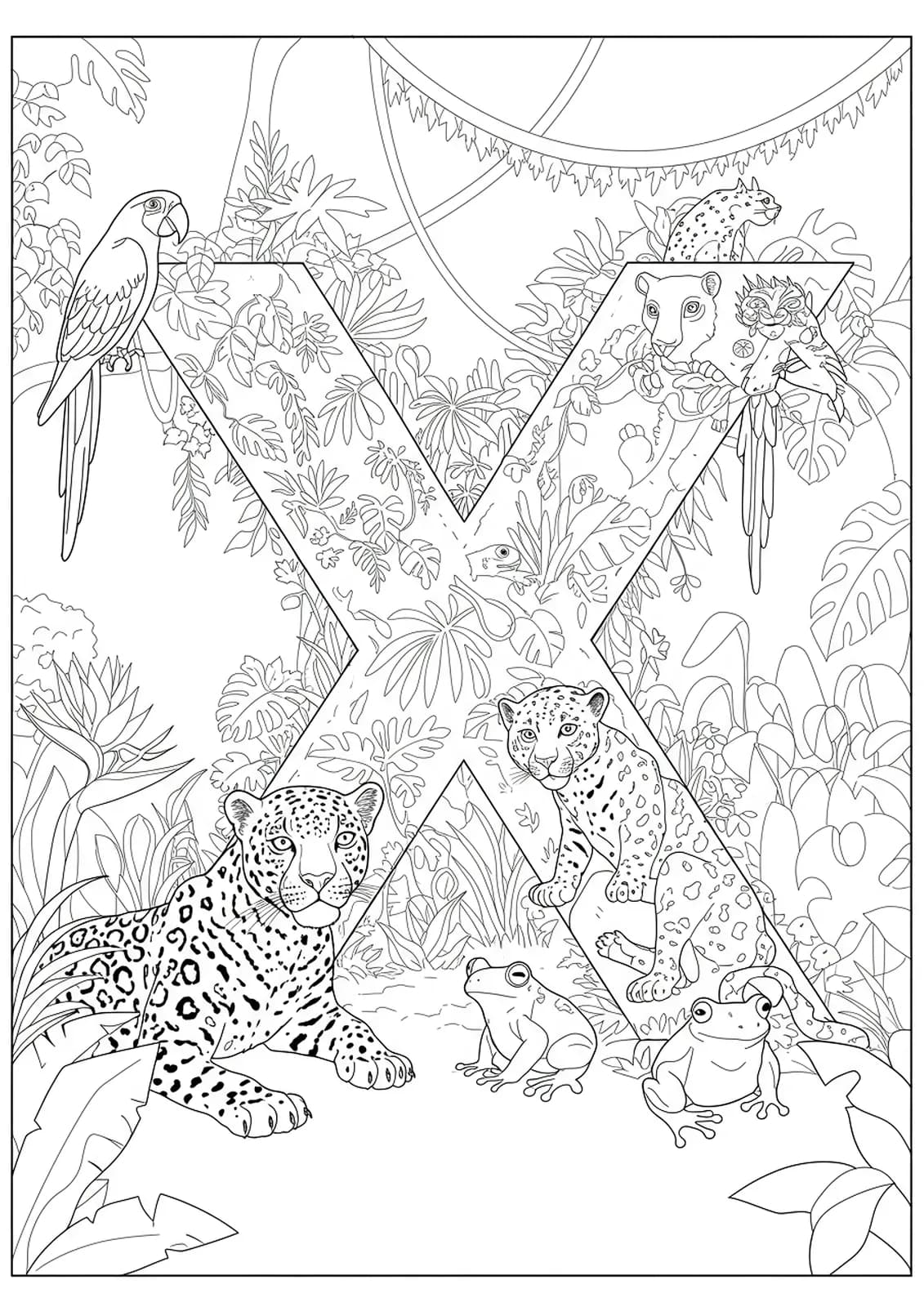 The letter X intricately decorated with rainforest animals like parrots, jaguars, frogs, and dense foliage, hard coloring page for teens.