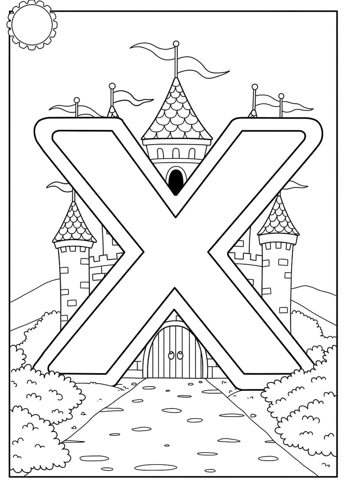 Coloring page with letter X in front of a simple fairy tale castle with flags
