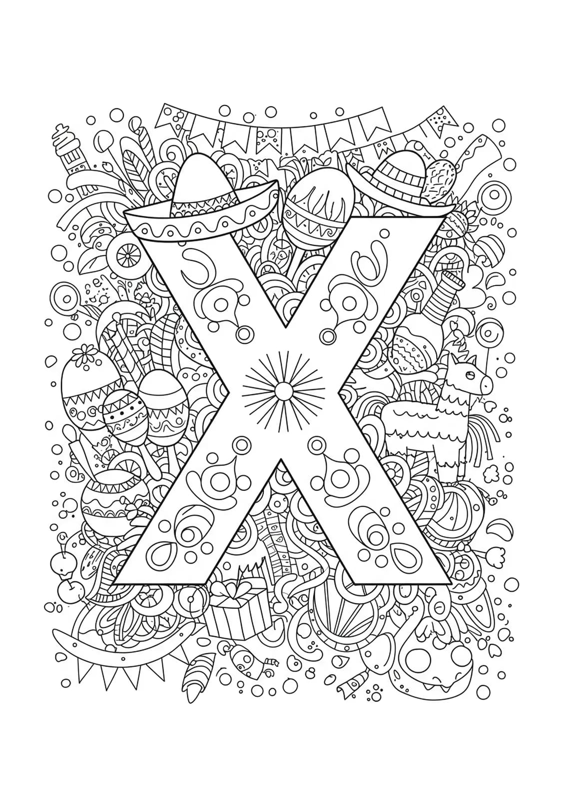 Letter X decorated with maracas, piñatas, streamers, and fiesta patterns