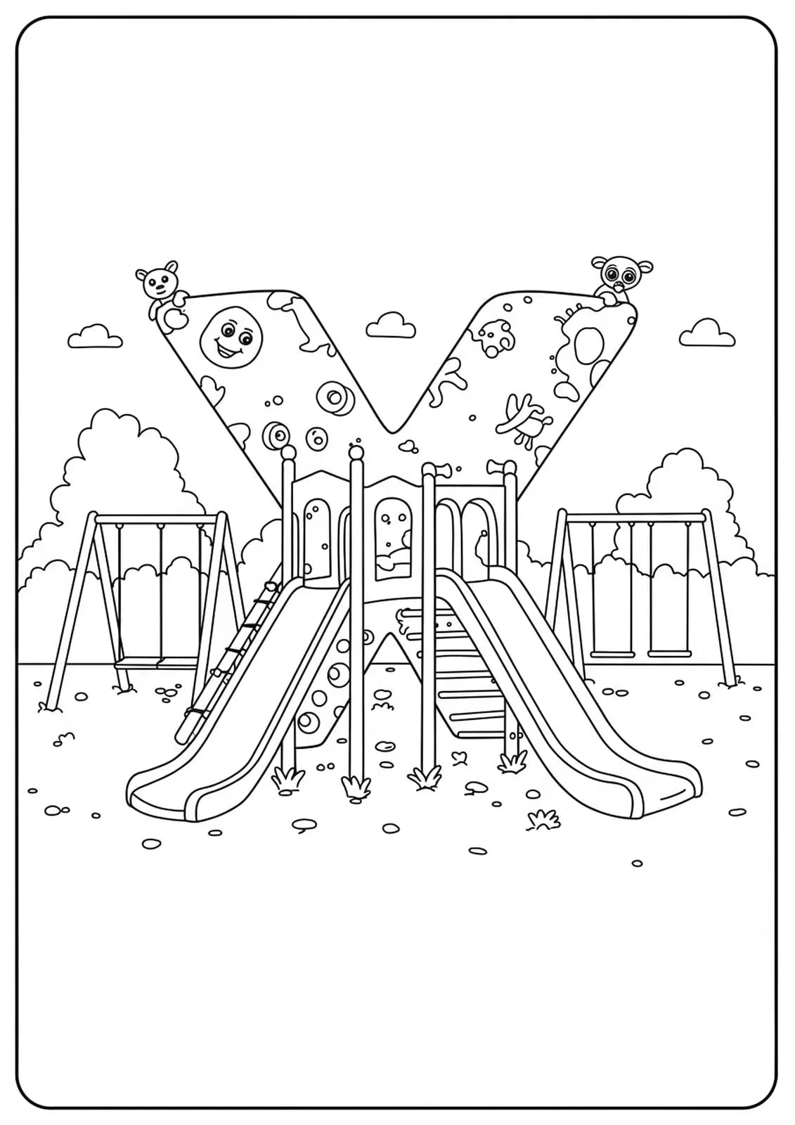 Letter X featured in a detailed playground scene with slides and swings for coloring