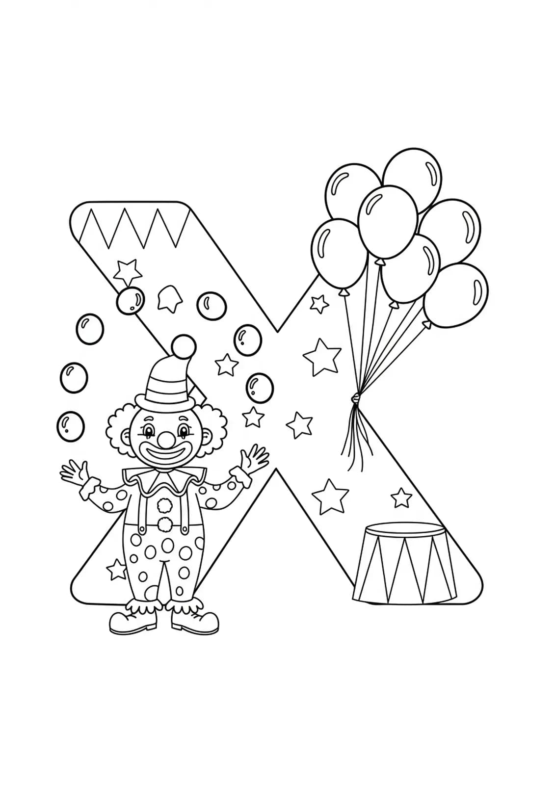 Letter X with a juggling clown, circus elements and balloons, medium coloring page for preschool