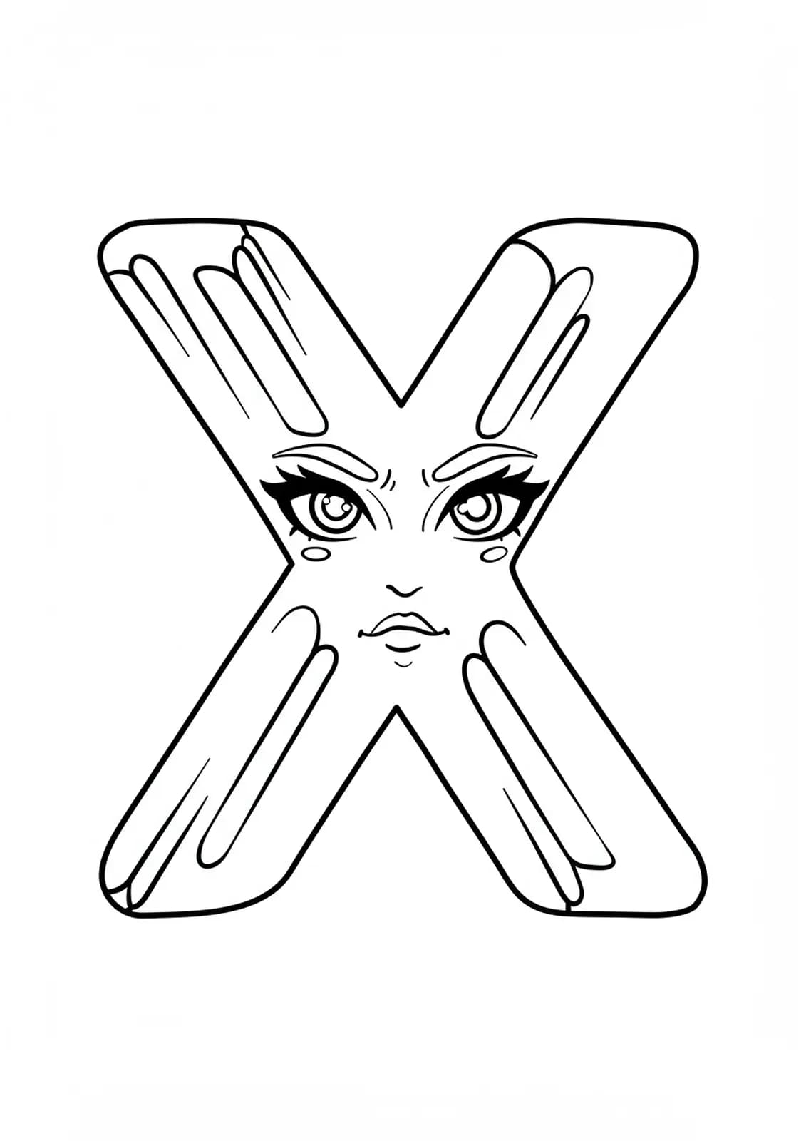 Medium level coloring page with the letter X in anime style, surrounded by manga effects and expressive details.