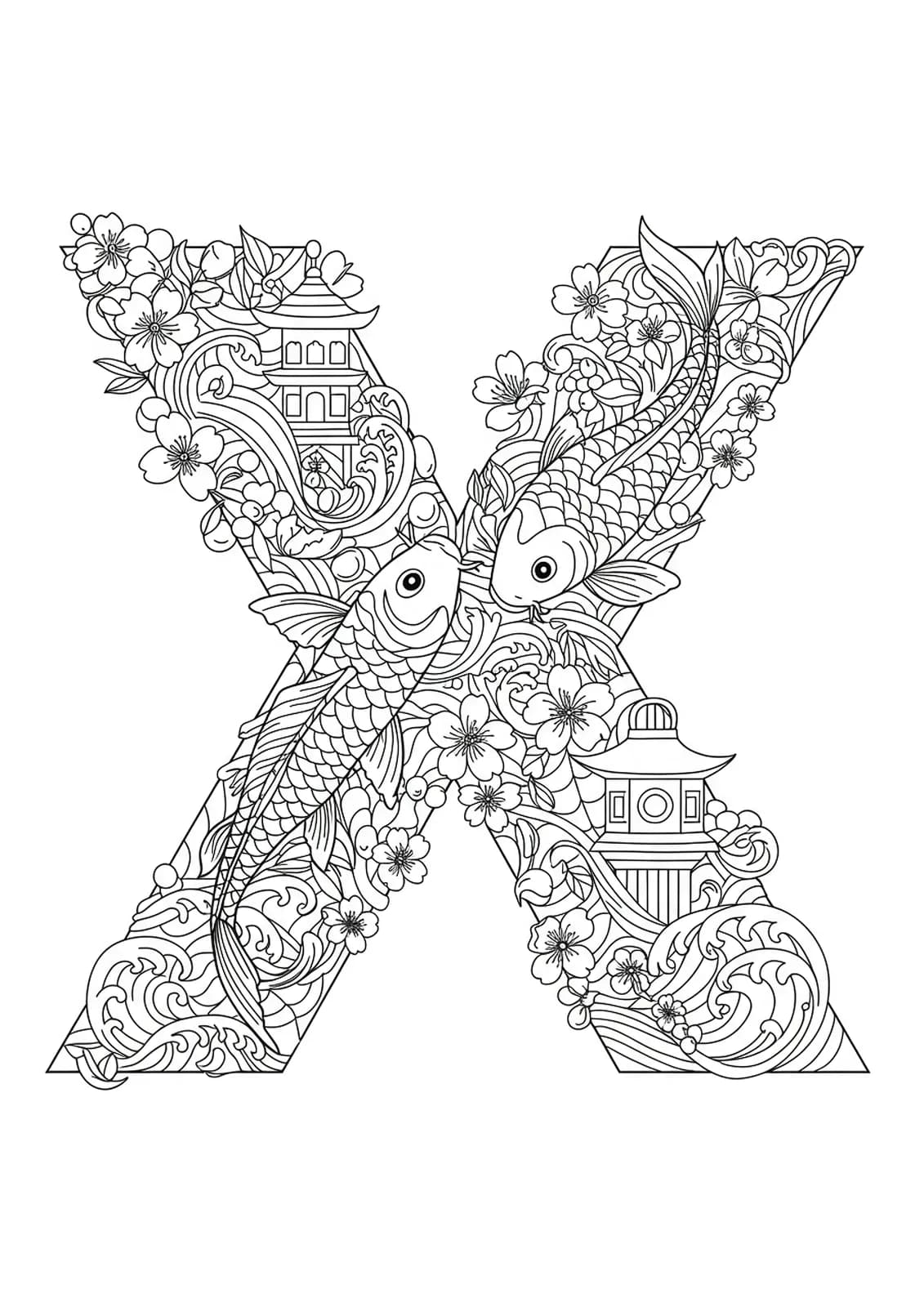 Letter X integrated with Japanese garden motifs, koi fish, lanterns, cherry blossoms, medium detail.