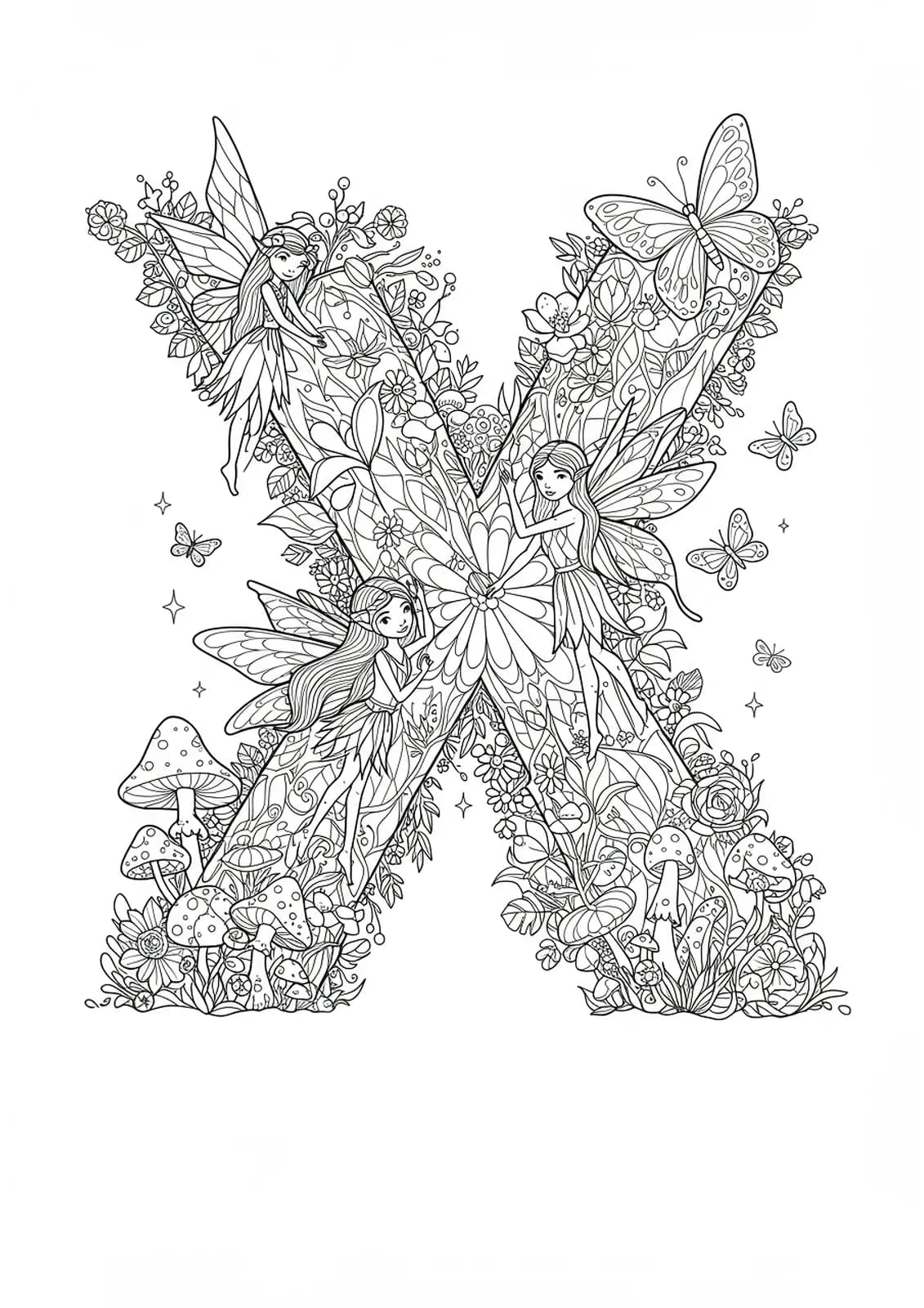 Letter X with detailed fairies, magical plants, mushrooms, and butterflies