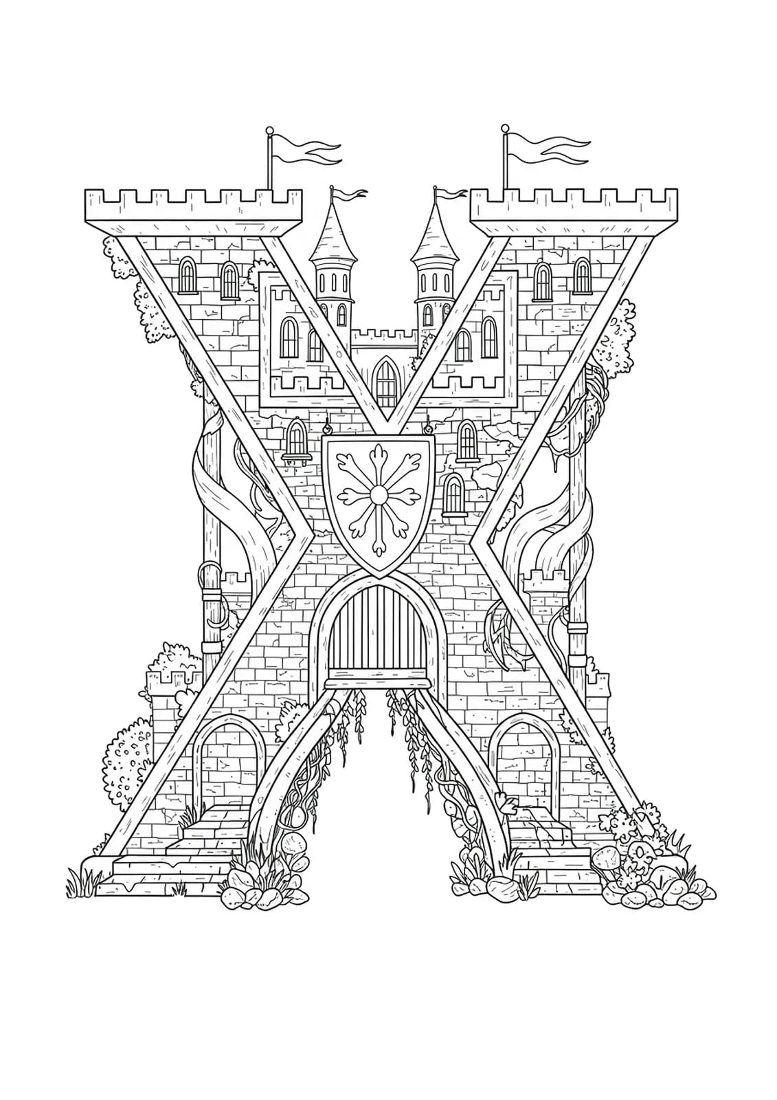Letter X integrated into an elaborate medieval castle scene with turrets, archways, and flags, hard coloring page for teens.