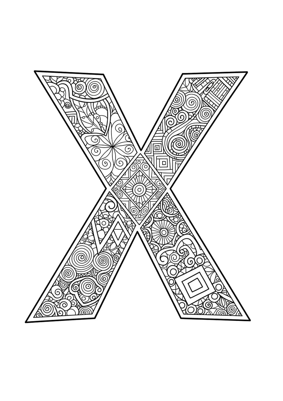 Letter X made up of various mosaic tile patterns and geometric motifs, medium complexity for adults.