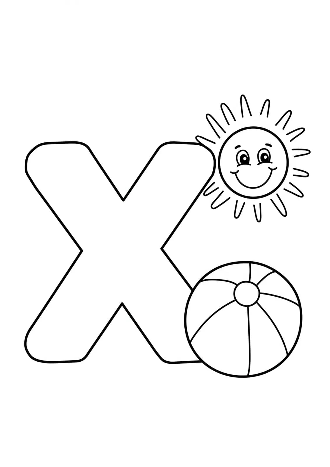 Large letter X with a sun and beach ball, perfect for preschool summer coloring.