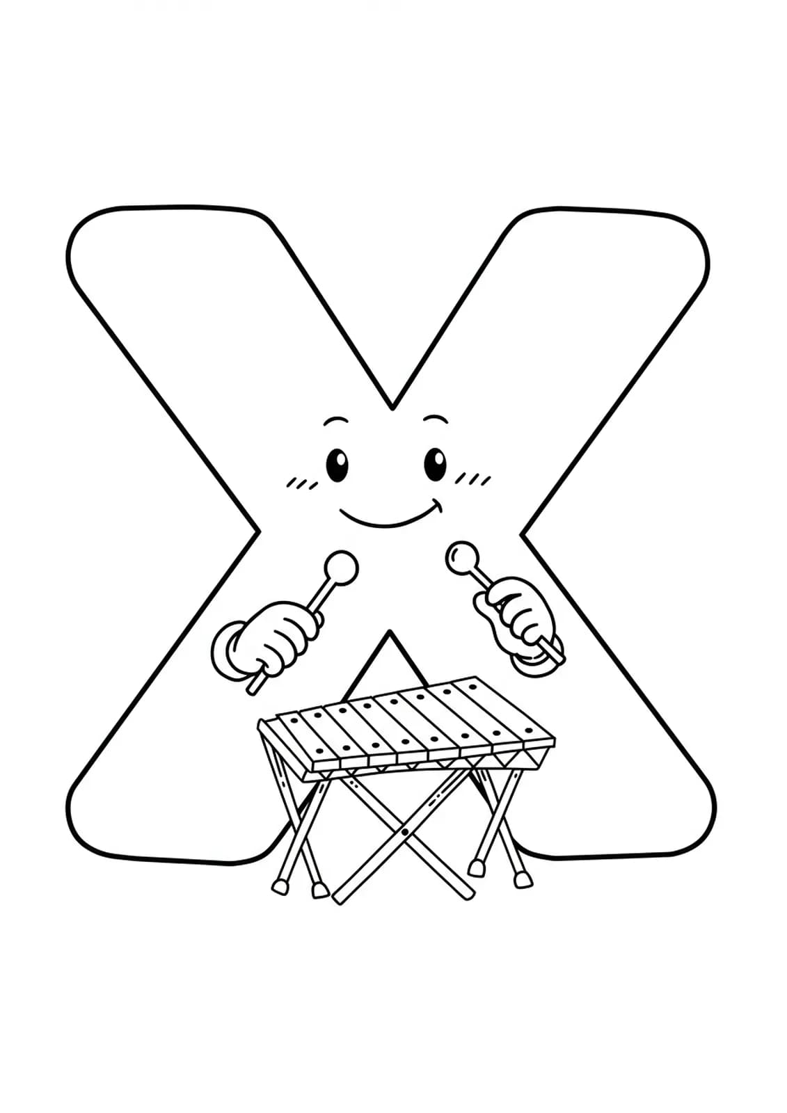 Easy coloring page of letter X character playing a xylophone with mallets