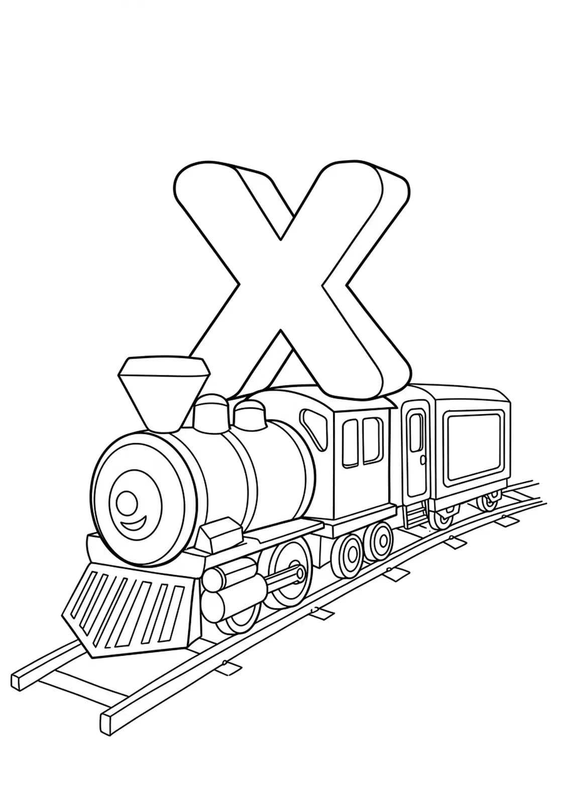 Letter X riding a train with x-ray view of the engine and cars, suitable for elementary children.