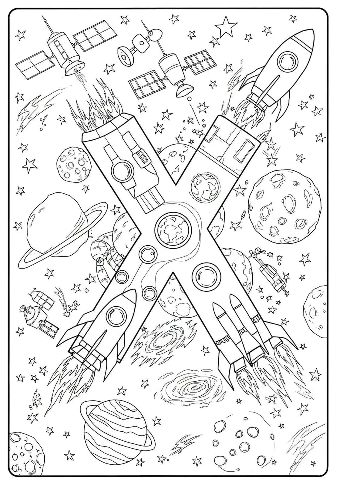 Letter X with rockets, planets, satellites, and galaxies all around