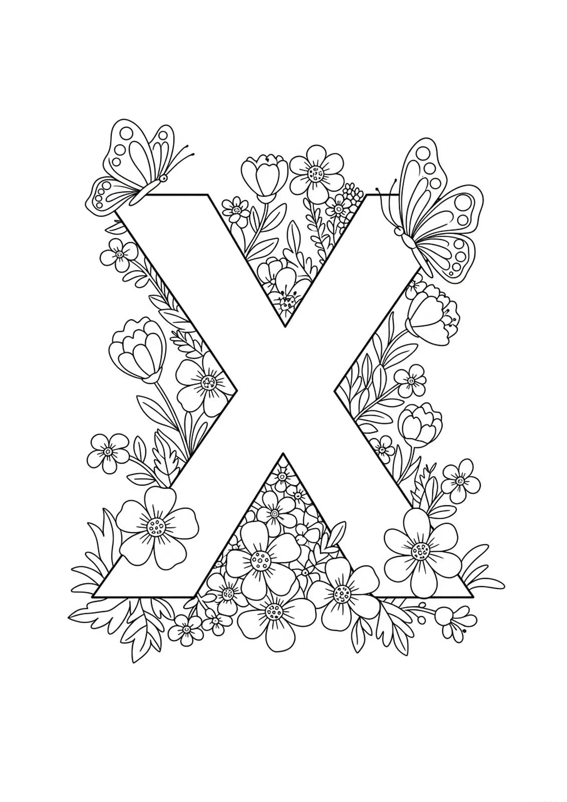 Coloring page with large letter X and spring flowers, butterflies, easy outlines