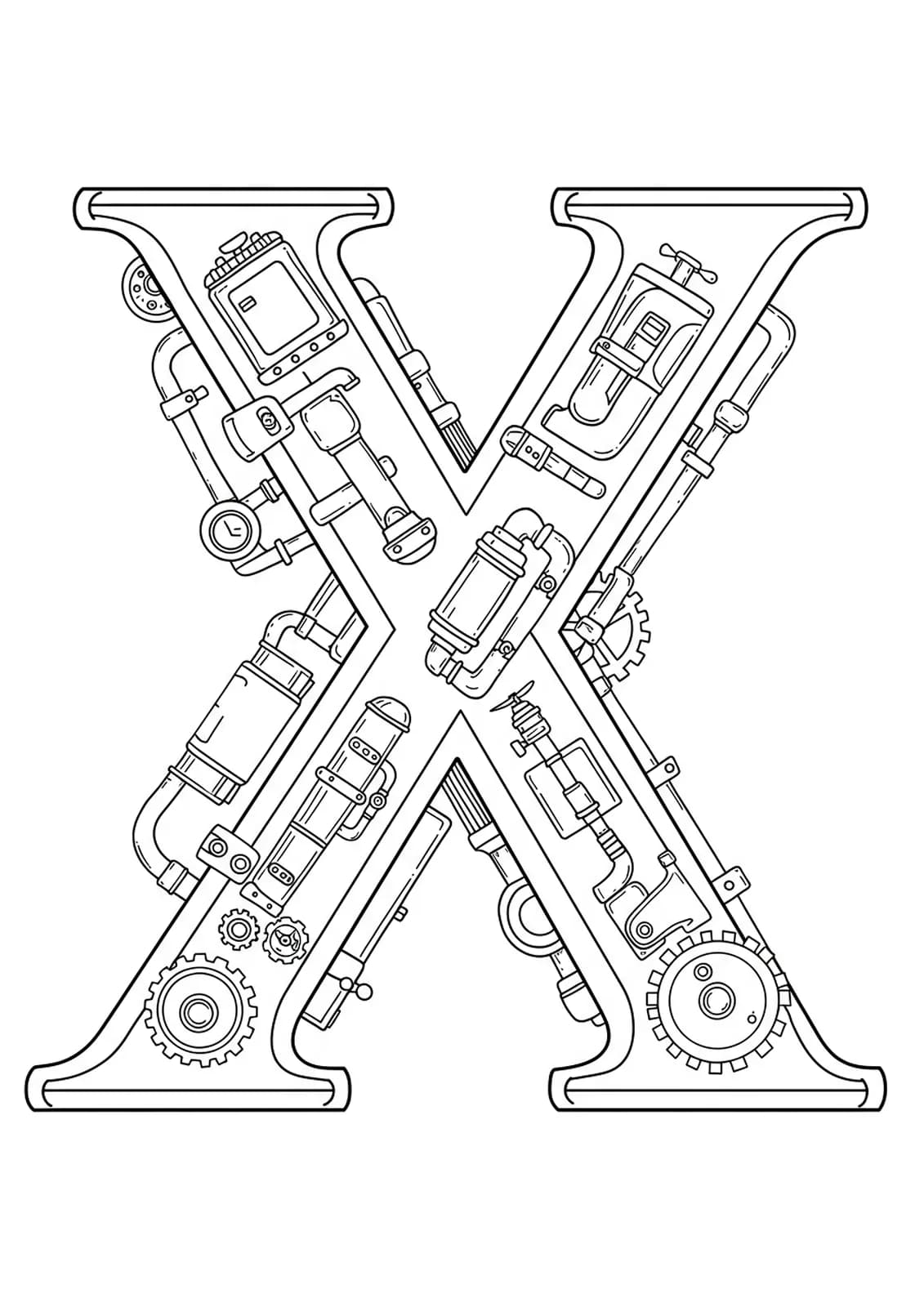 Intricate steampunk-themed letter X with gears, cogs, pipes, and Victorian details, hard coloring page for teens.