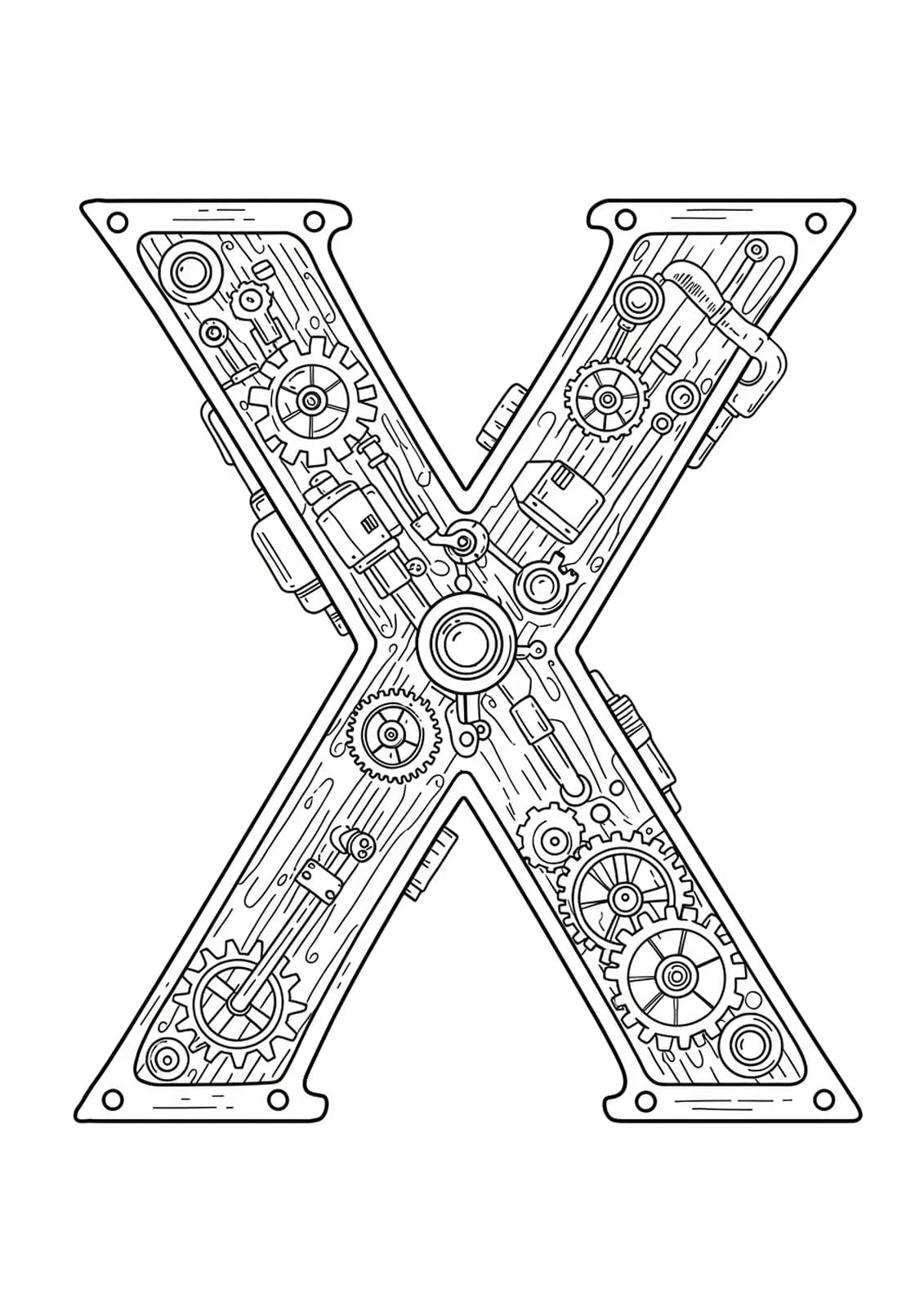 Letter X decorated with steampunk gears, cogs, and mechanical parts for adult coloring.