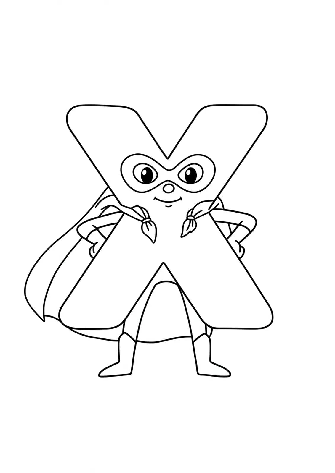 Coloring page with letter X dressed as a superhero with cape and mask