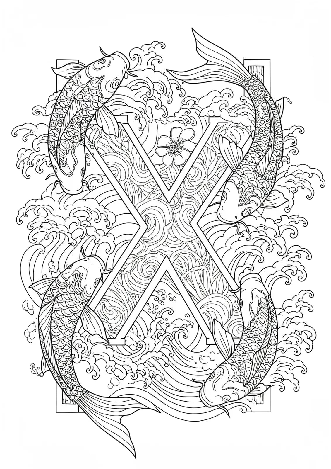 The letter X encircled by detailed Japanese koi fish and stylized water waves, highly intricate for adult coloring.