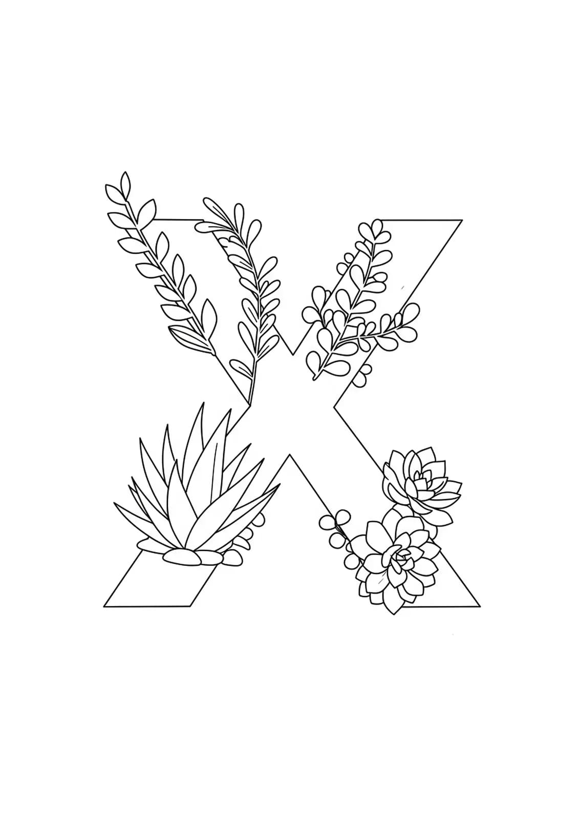 Letter X coloring page with outlines of minimalist leaves and succulents for teens.