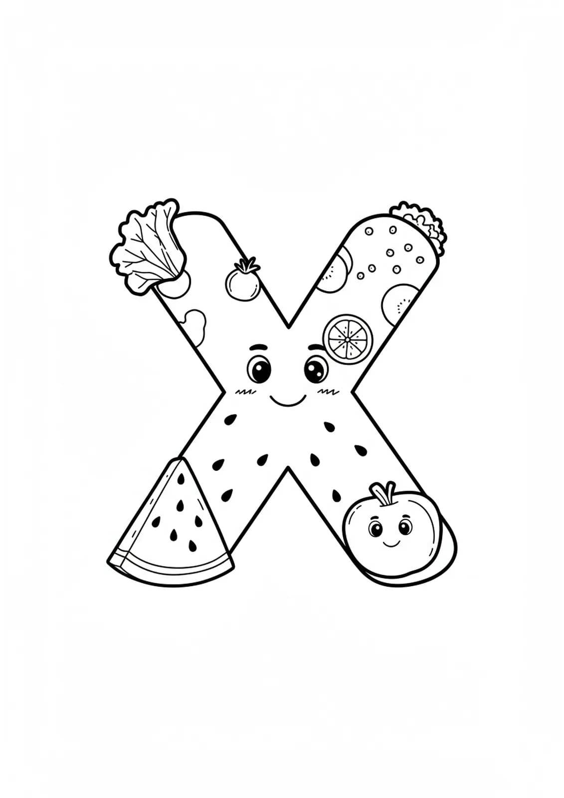 Coloring page with letter X, watermelon slice, and simple food items, easy outlines
