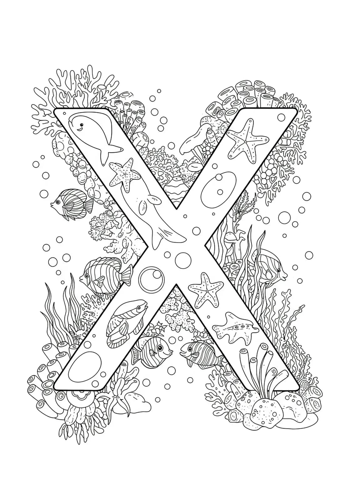 Intricate letter X coloring page with underwater sea creatures, coral, and ocean elements