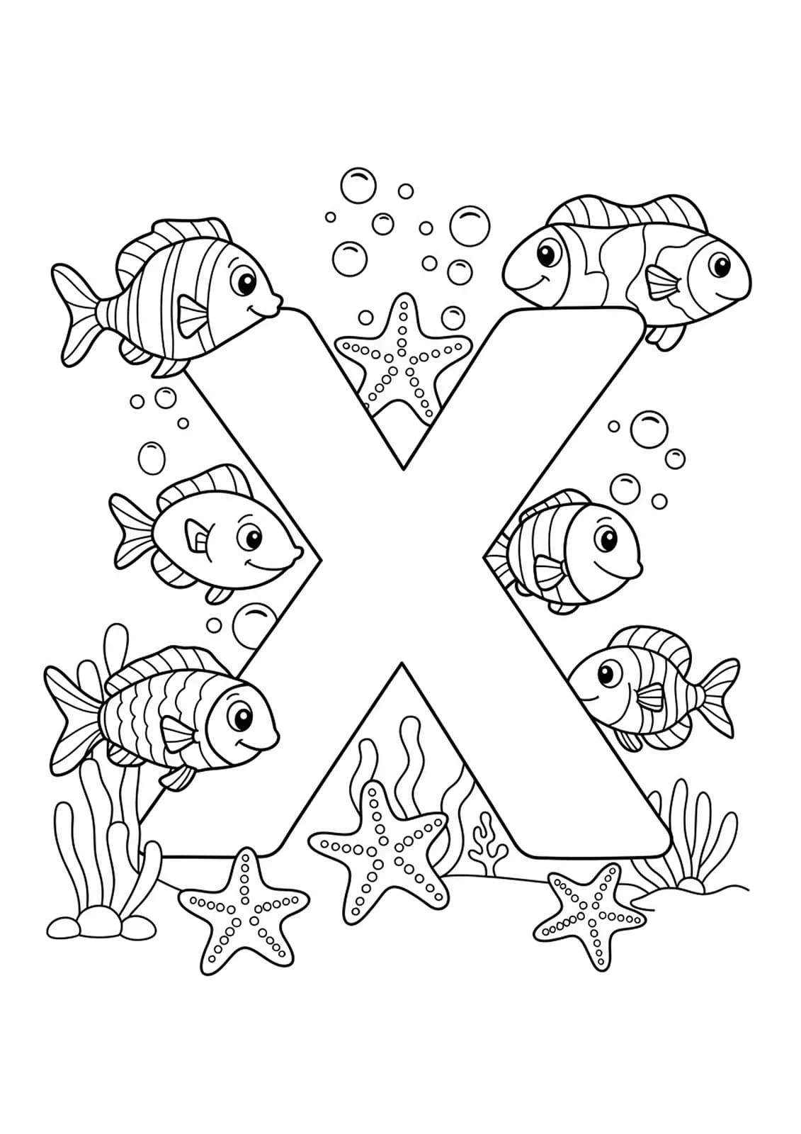 Easy coloring page of letter X with simple fish, starfish, and bubbles under the sea