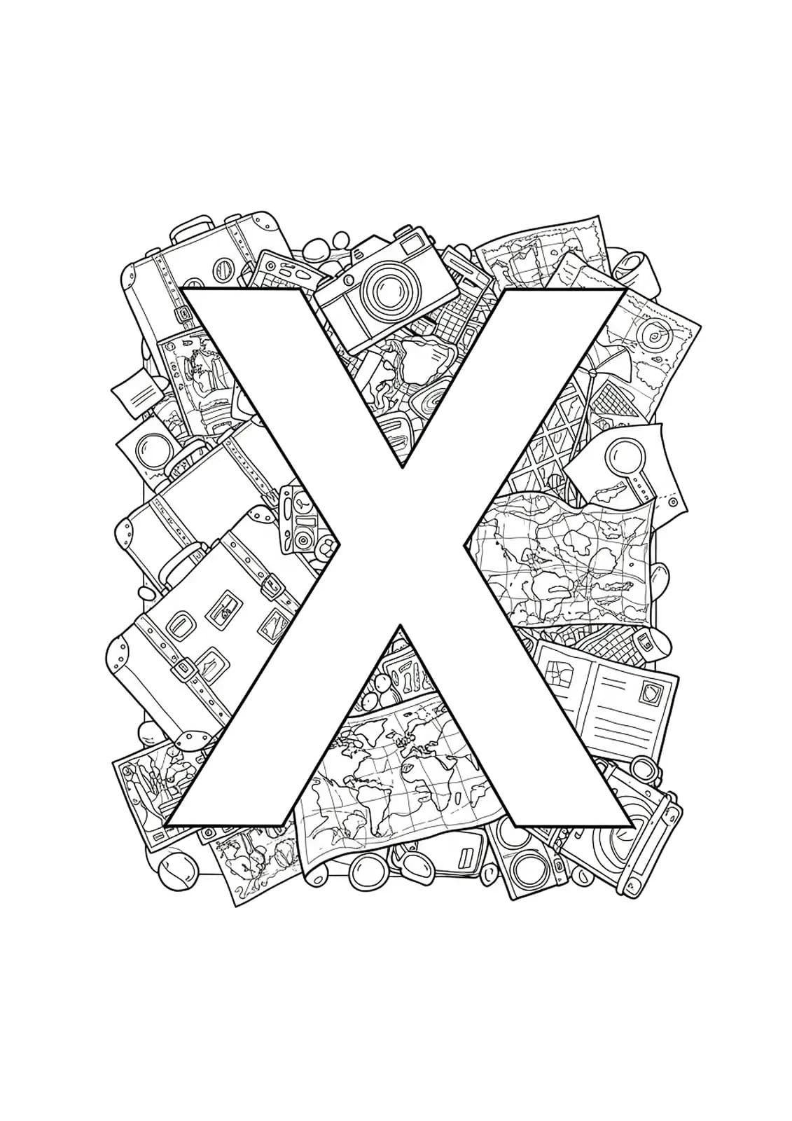 Letter X with vintage travel icons, suitcases, cameras, maps, and postcards, medium detail for adults.