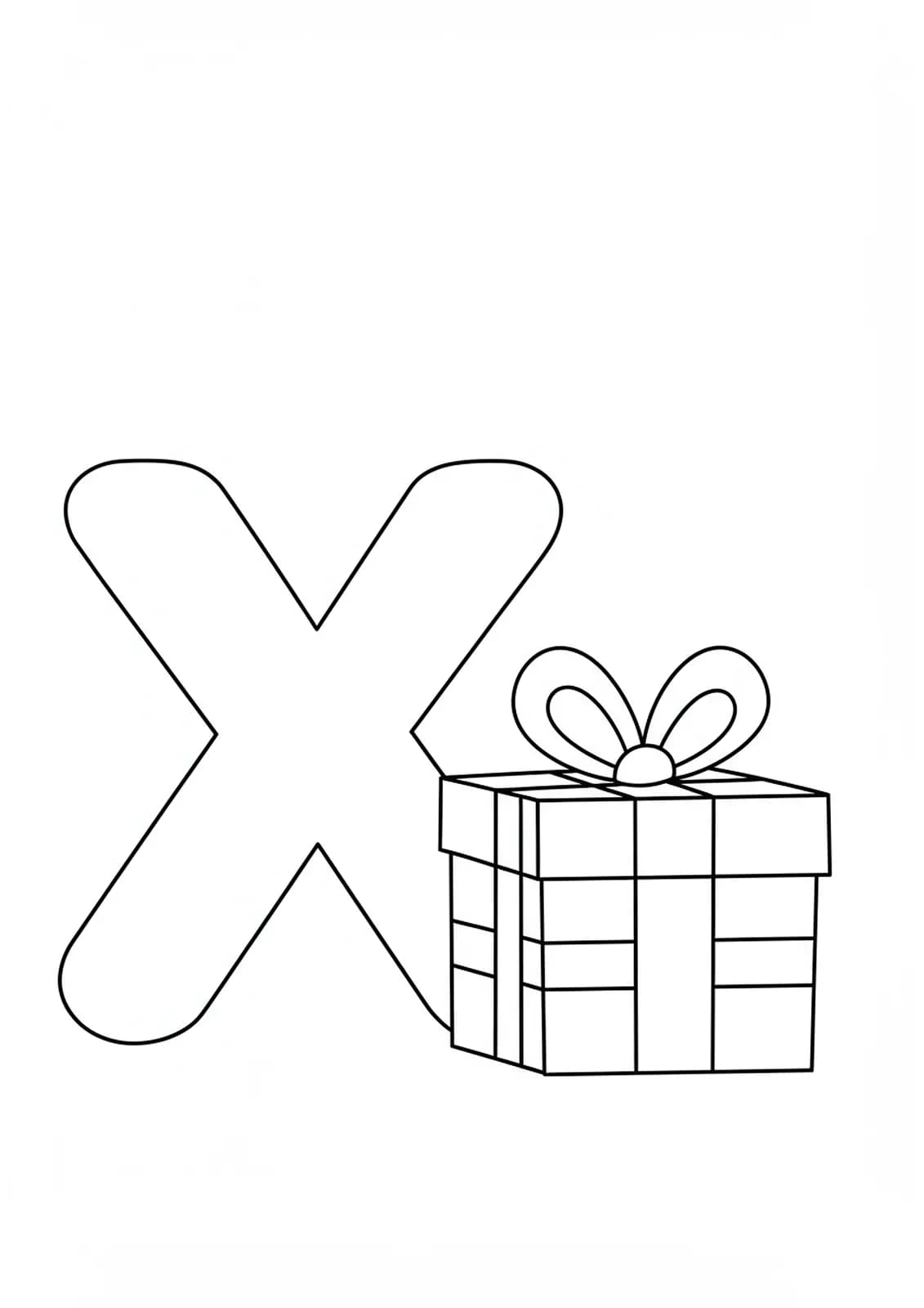 Coloring page showing a big letter X and a simple Christmas present box for preschool coloring.