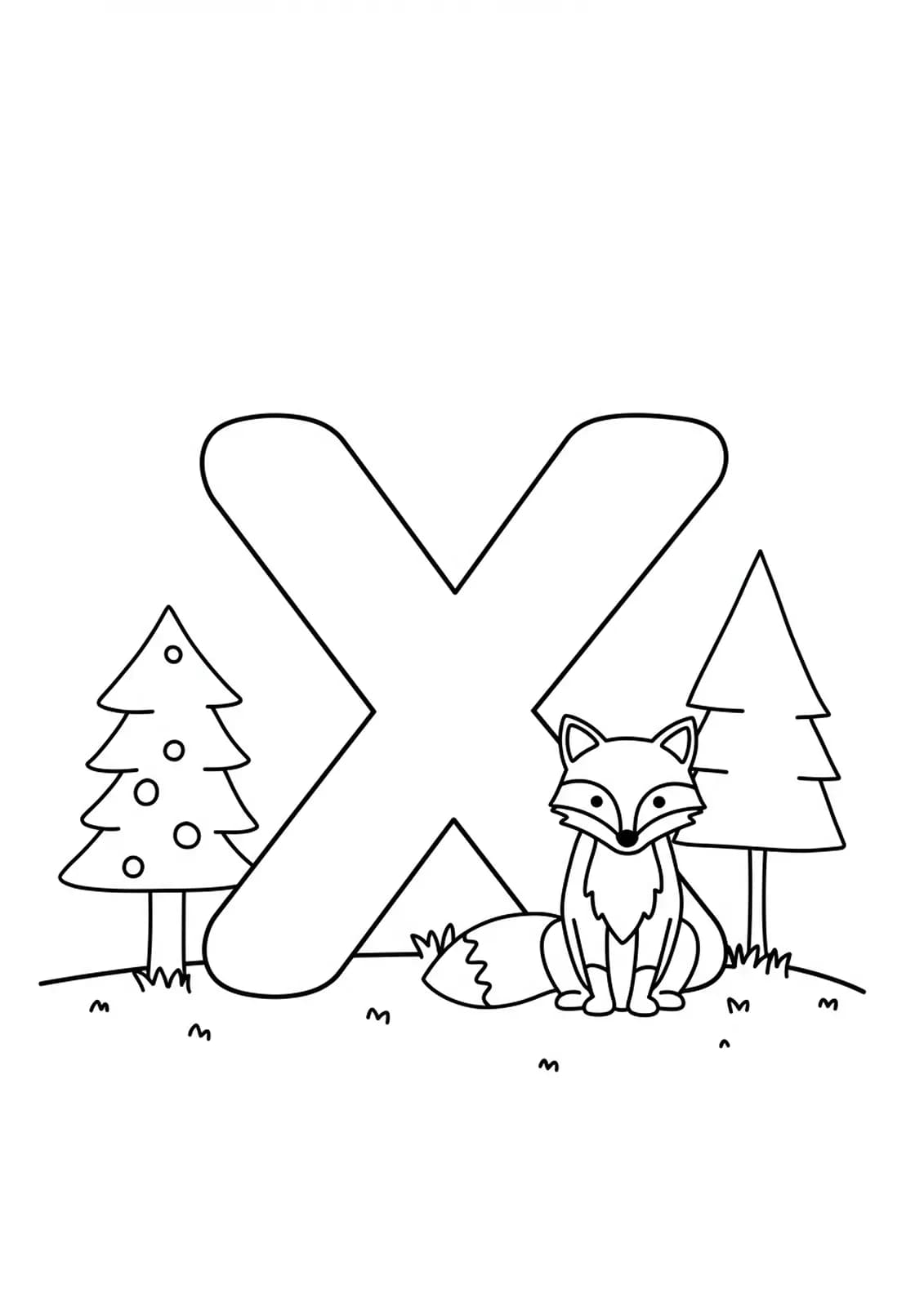Large letter X with a simple fox and trees, designed for easy preschool coloring.