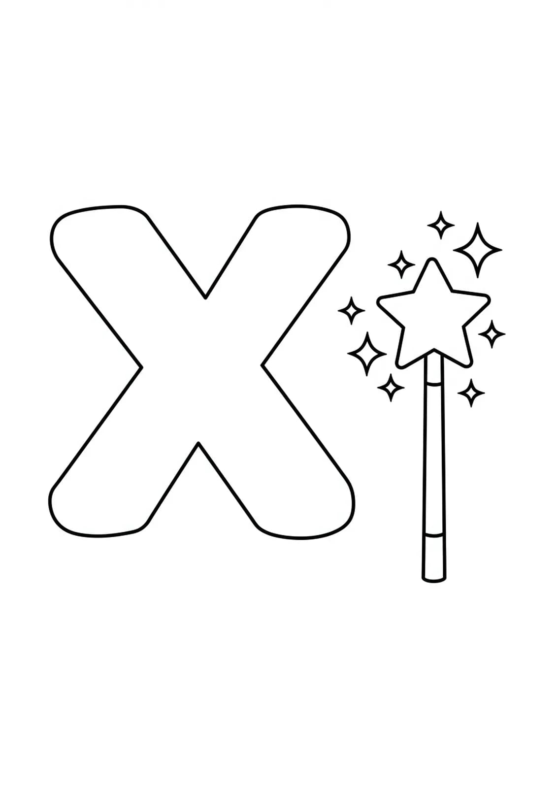 Coloring page with a large letter X and a simple magic wand for preschool fantasy fun.