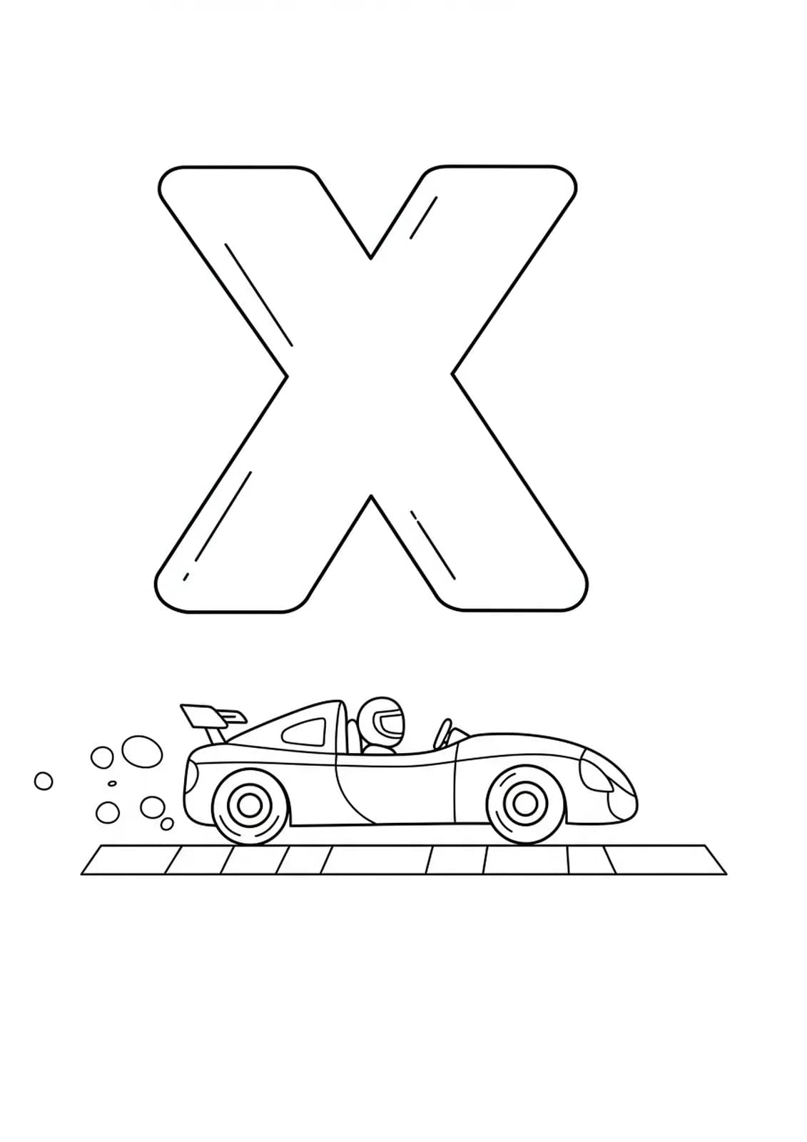 Coloring page with a large letter X and a basic racing car at a finish line for preschoolers.