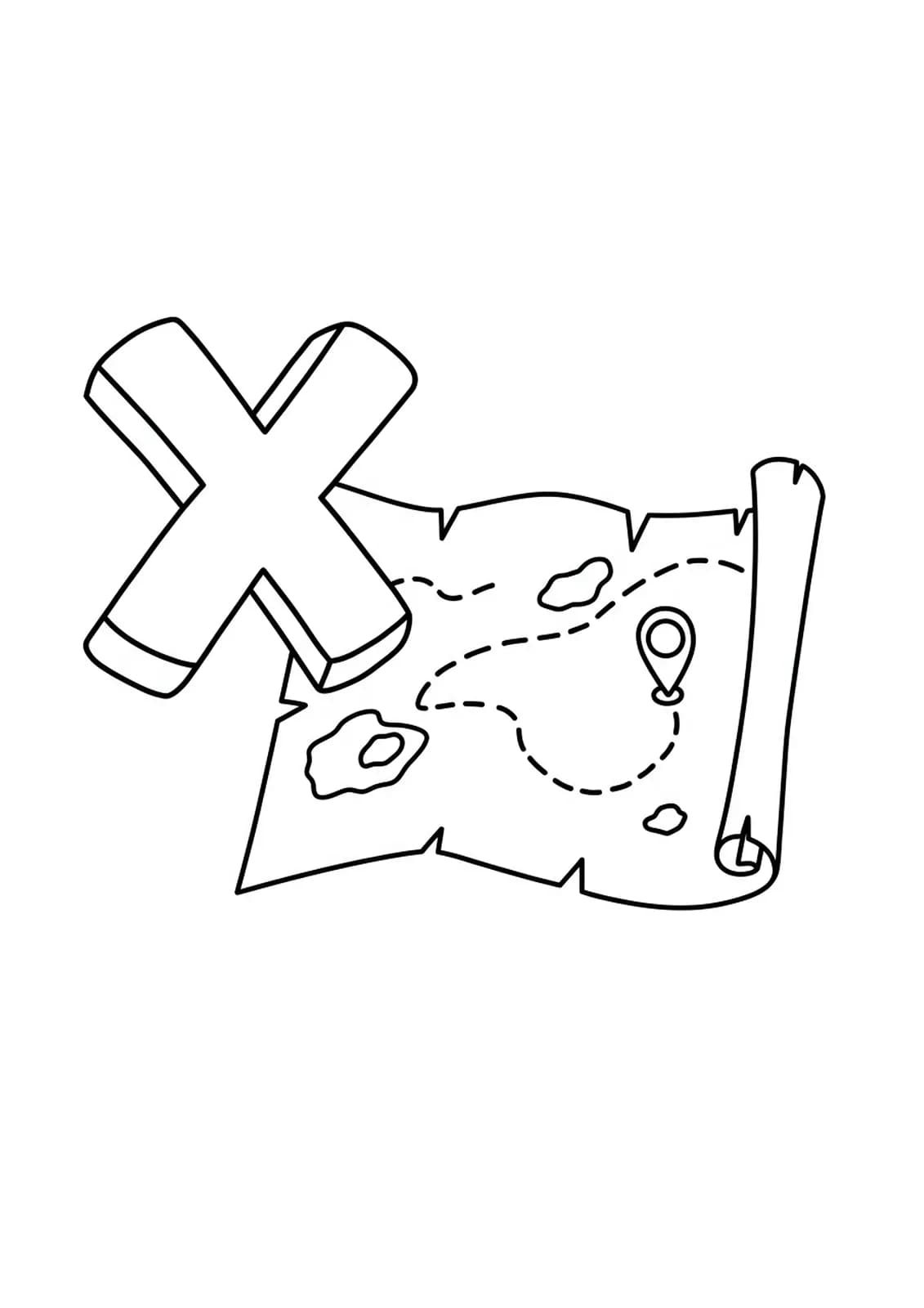 Coloring page with a large letter X and a basic treasure map for preschool pirate adventures.