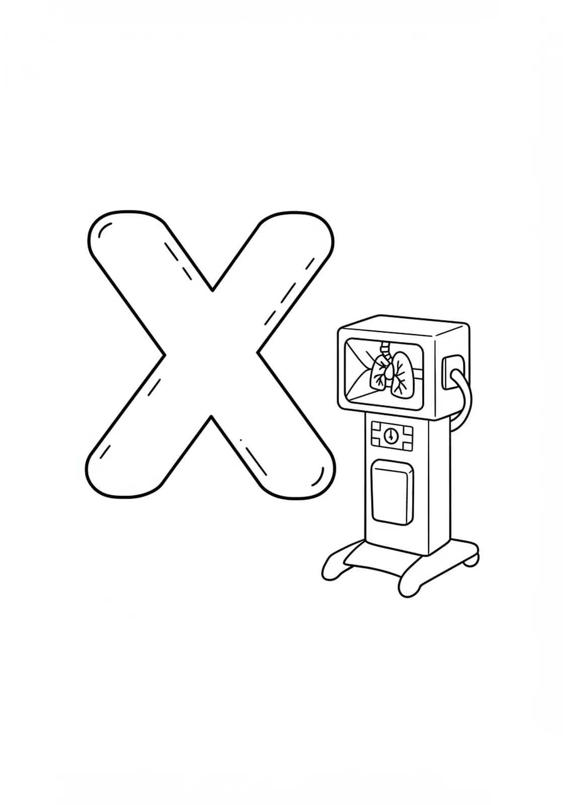 Large letter X with a simple x-ray machine outline for preschool community helper theme.