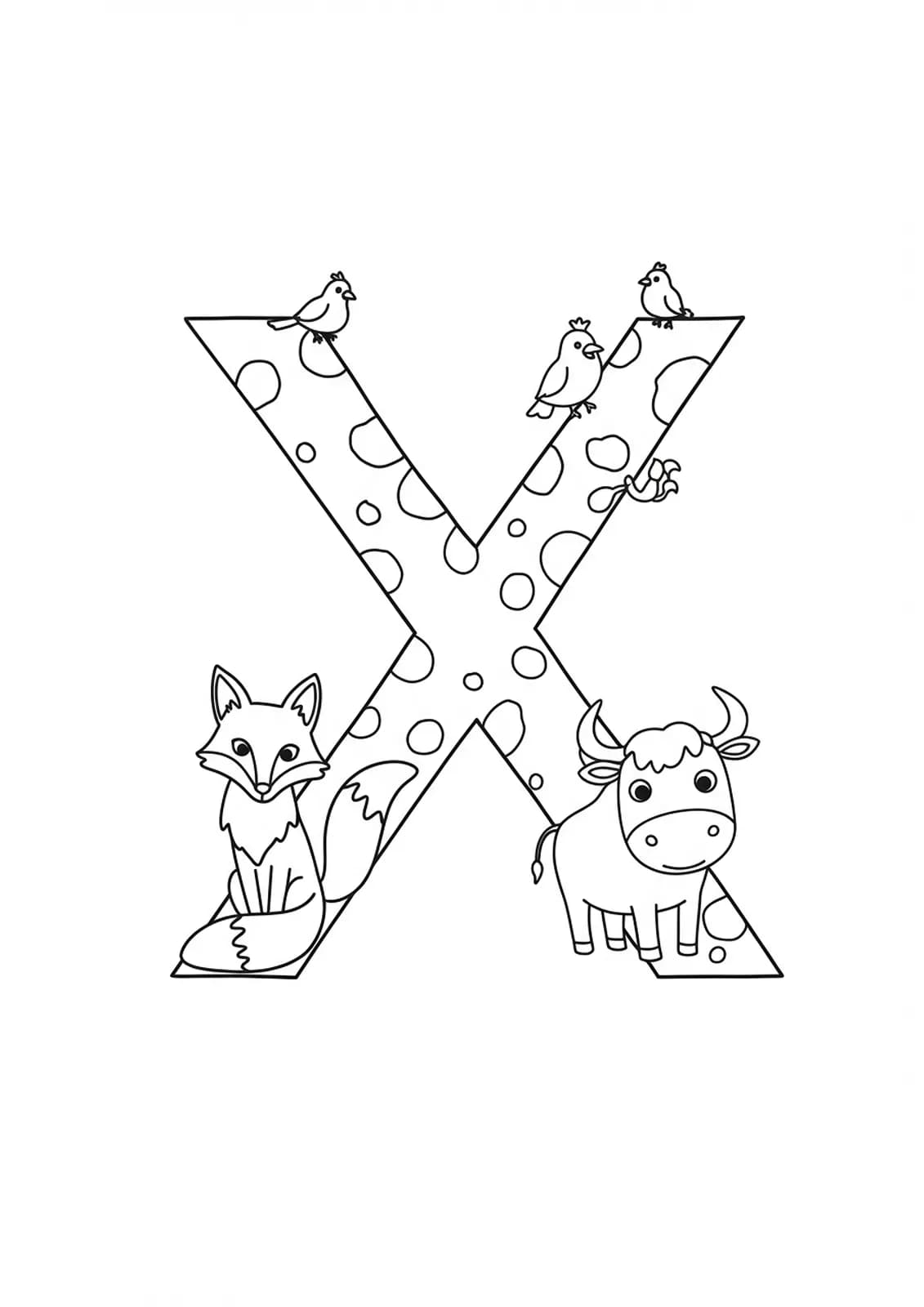 Letter X with zoo animals including fox, ox, and birds, medium coloring page for preschool