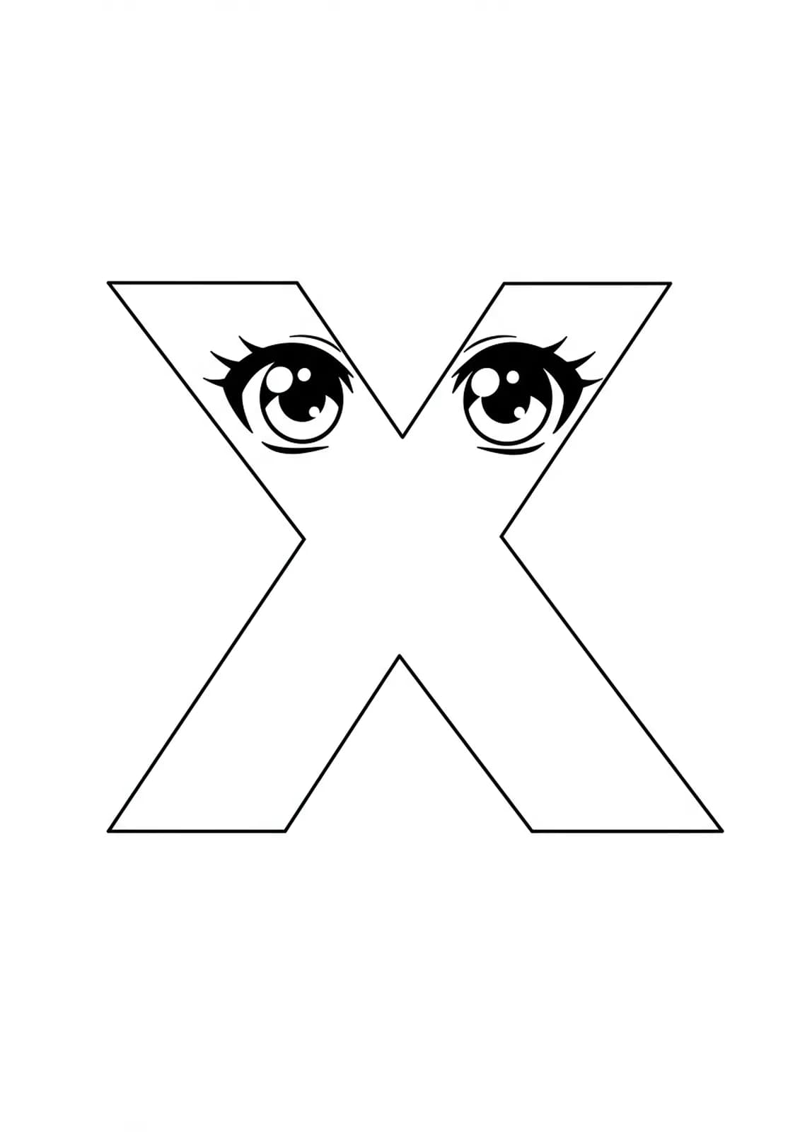 Letter X coloring page with simple anime eyes design for teens.