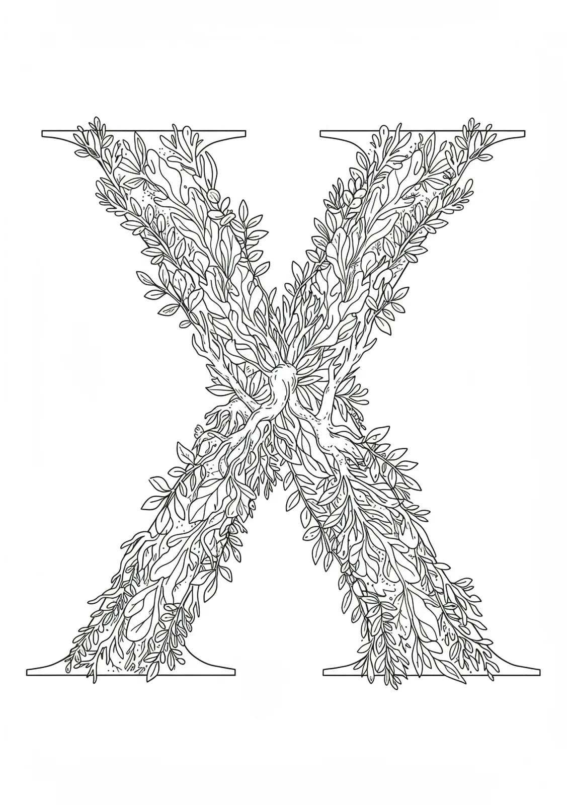 Letter X woven with finely detailed botanical herbarium plants, leaves, and roots, designed for adult coloring.