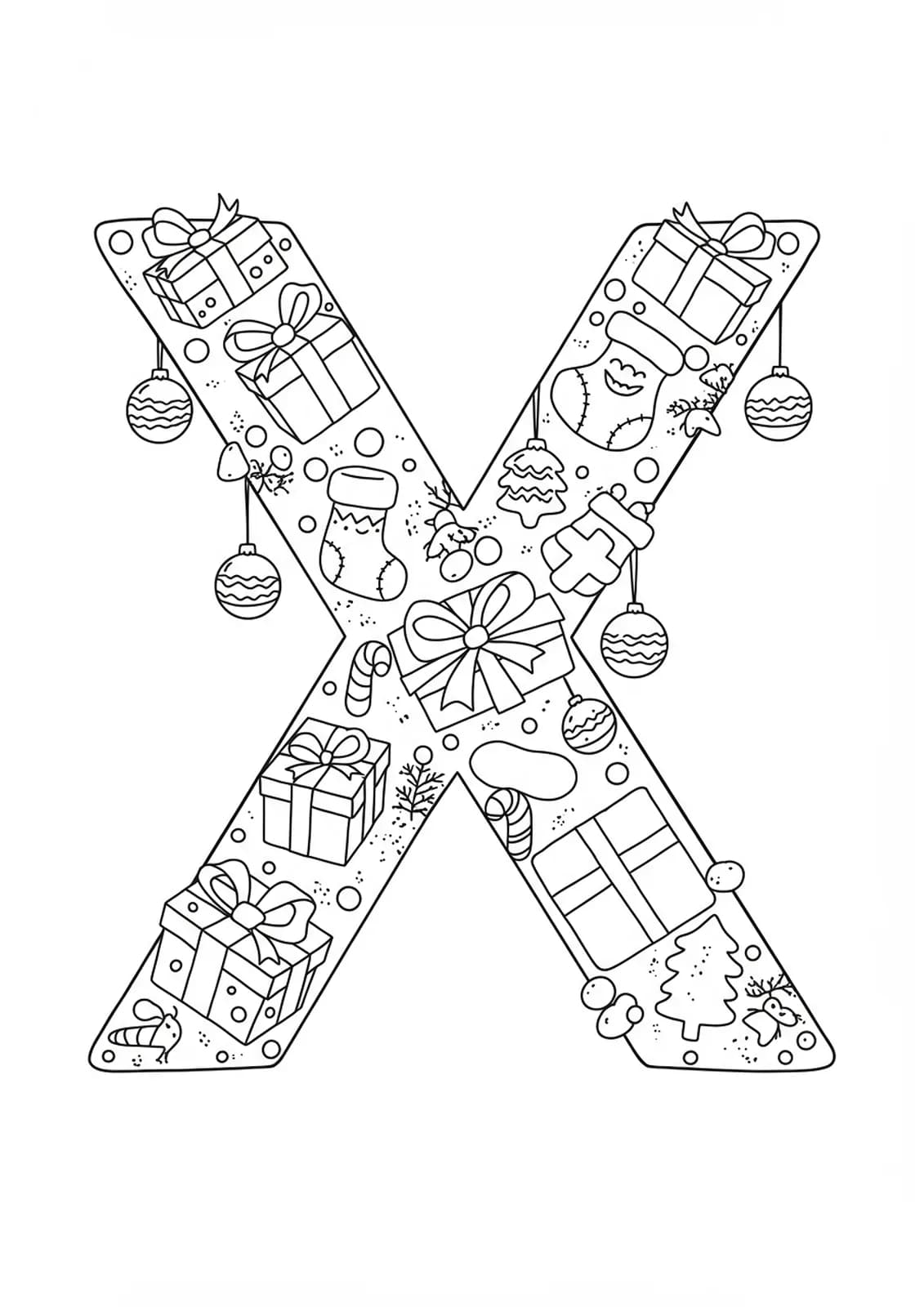 Letter X surrounded by Christmas presents and decorations, medium detail coloring page for preschool